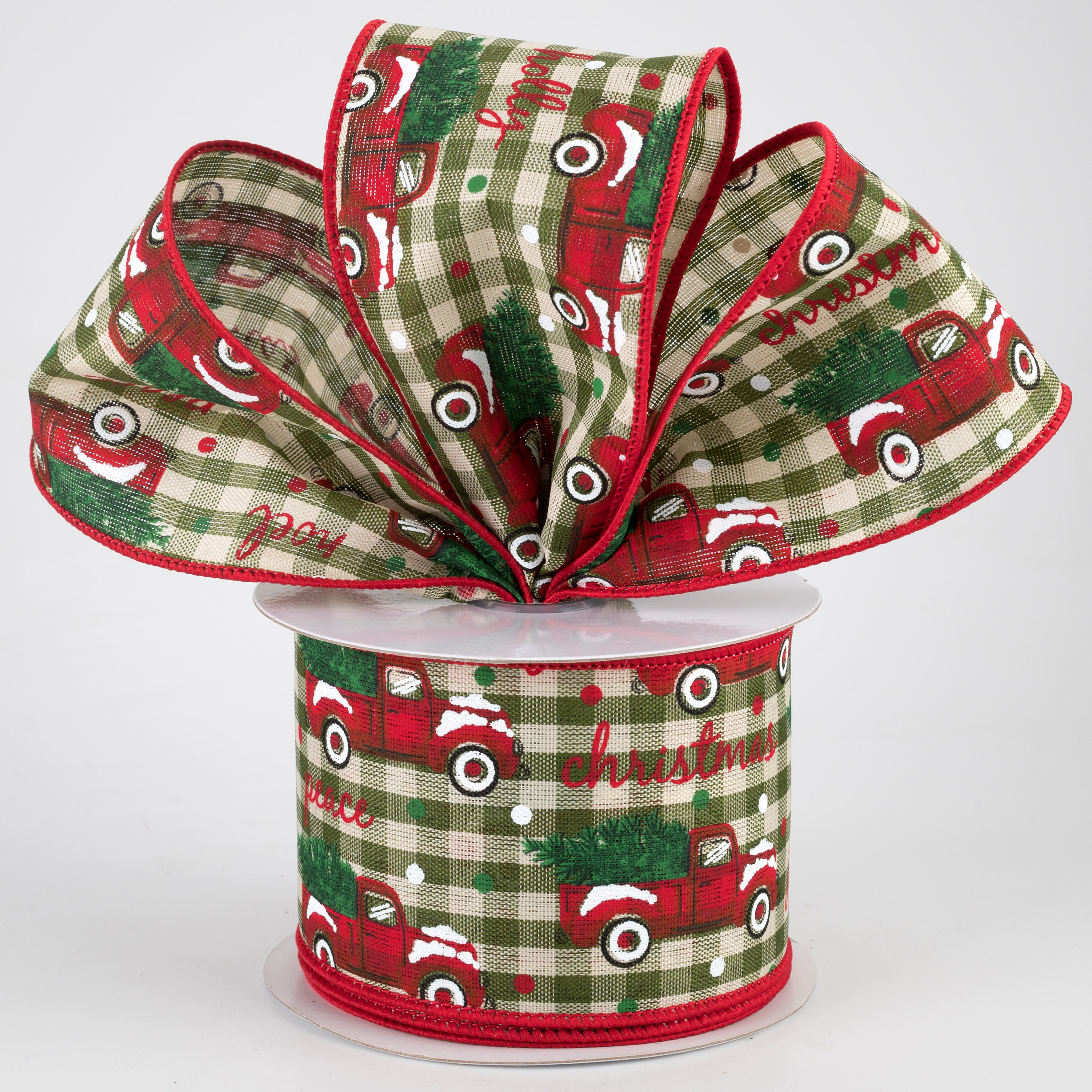 2.5" Christmas Trucks Polka Dot Check Ribbon: Sage & Ivory (10 Yards) Lifestyle Photo