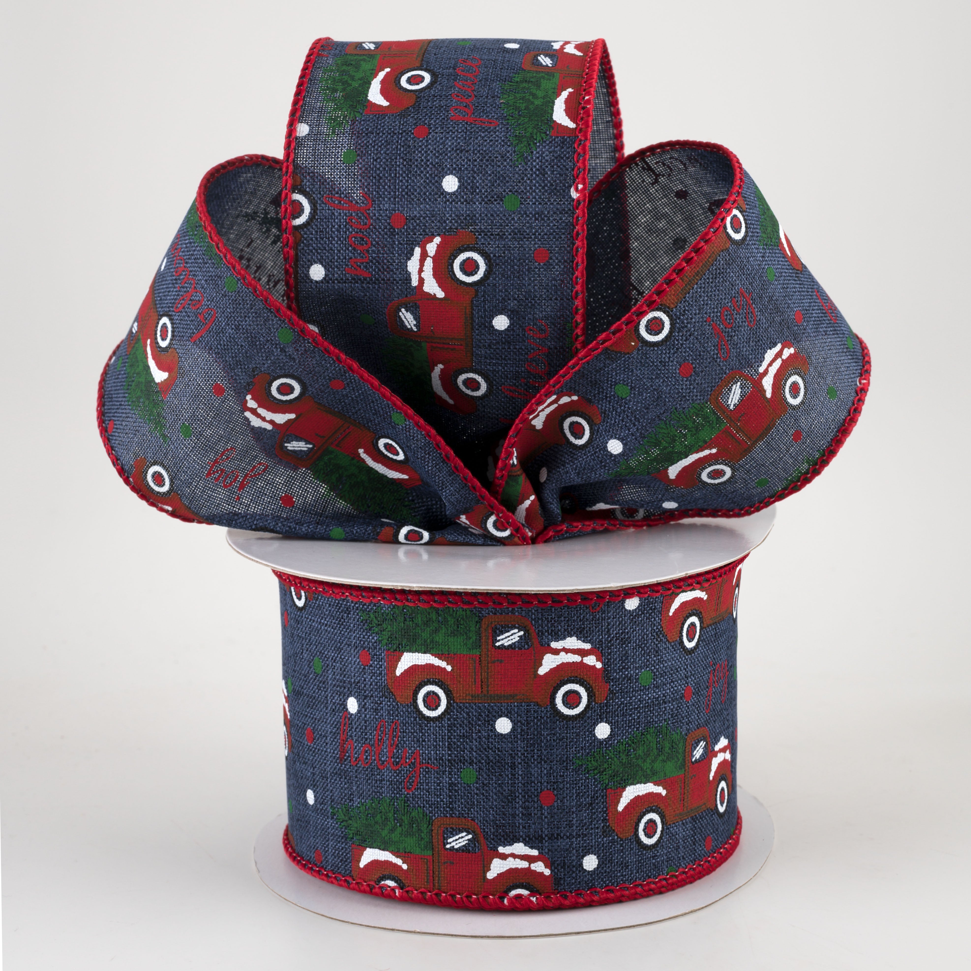 2.5" Christmas Trucks Polka Dot Ribbon: Navy (10 Yards) Lifestyle Photo