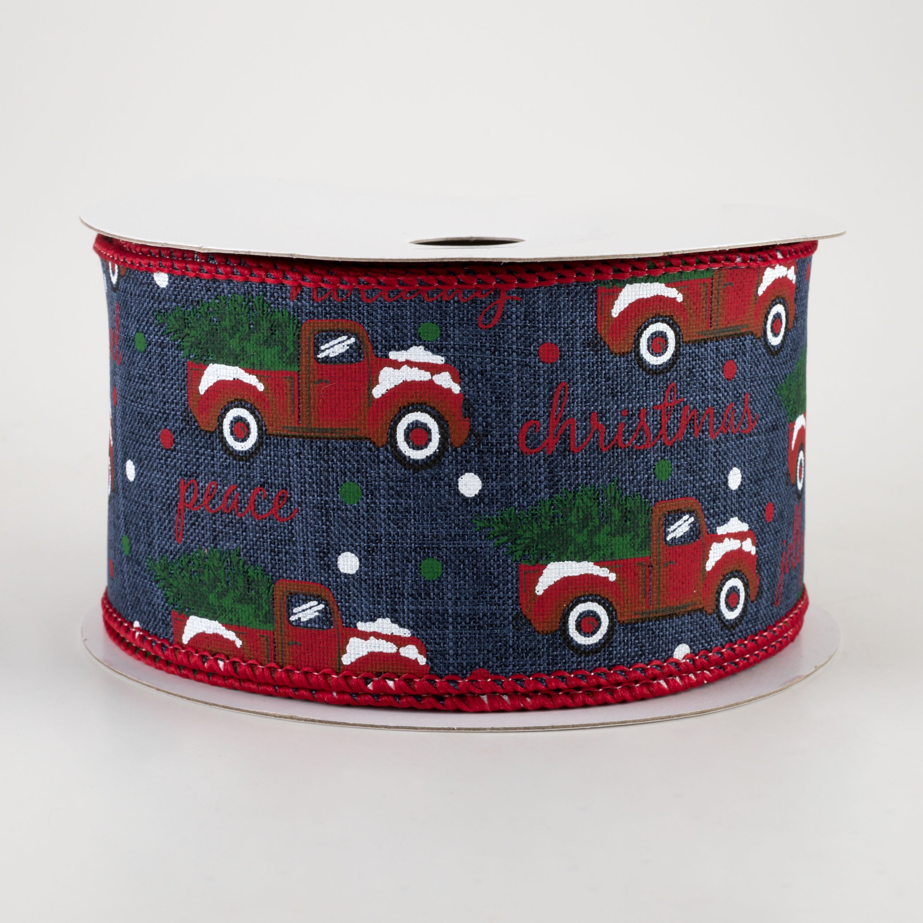 2.5" Christmas Trucks Polka Dot Ribbon: Navy (10 Yards)