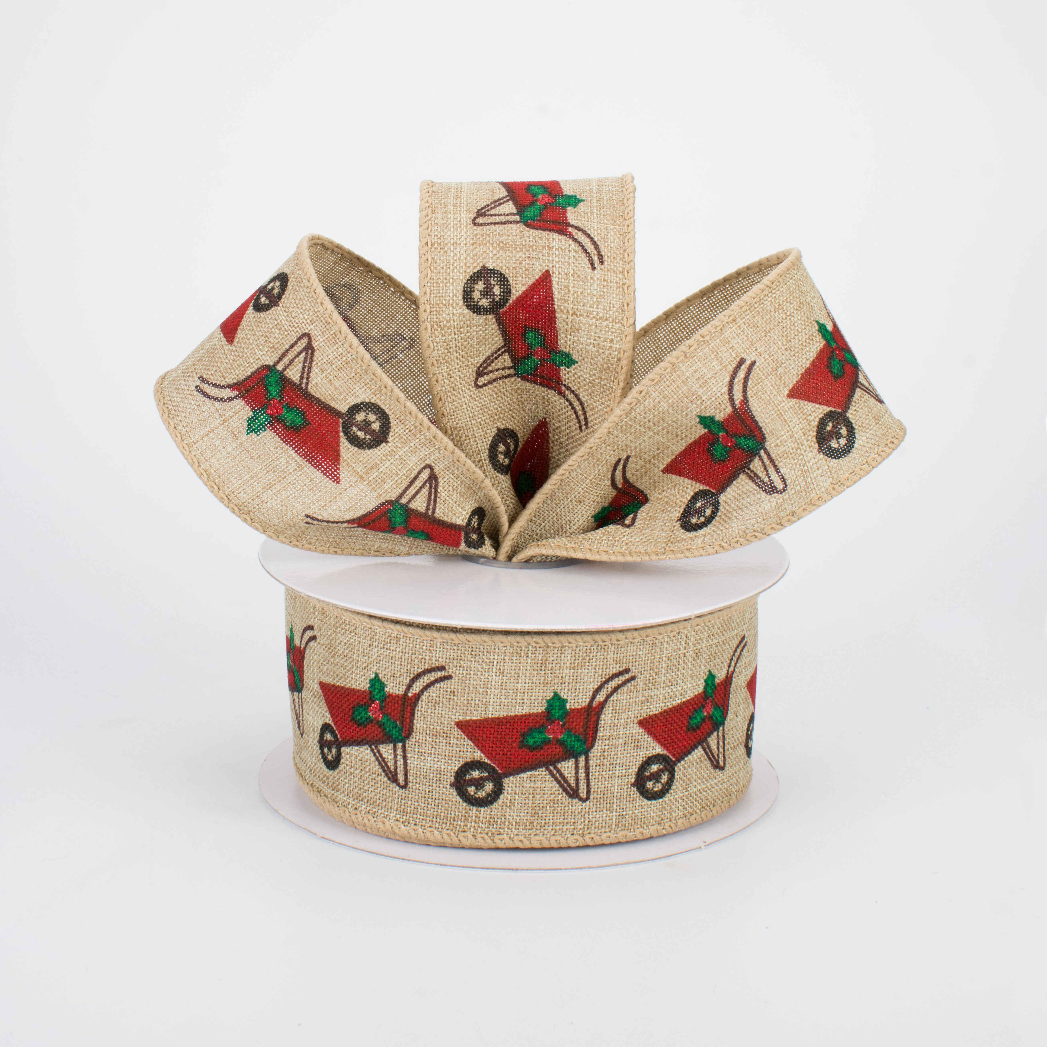 1.5" Christmas Wheelbarrow Ribbon: Natural (10 Yards) Lifestyle Photo