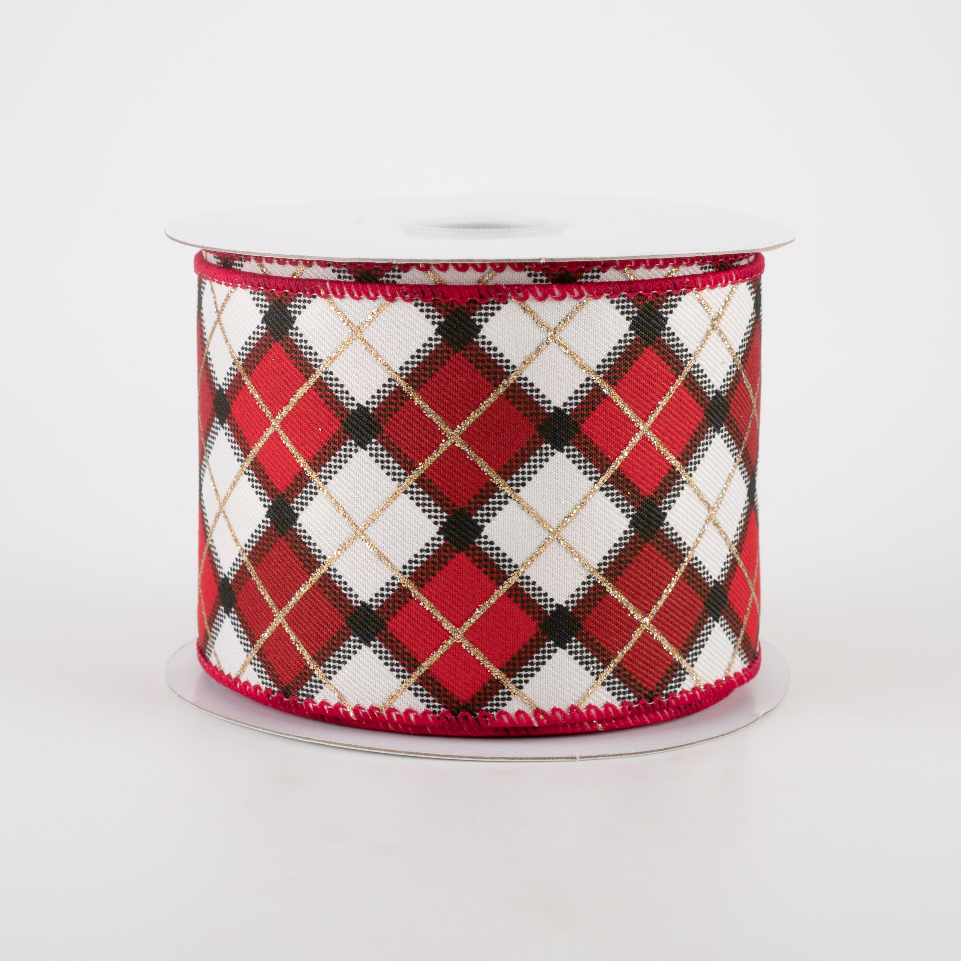 2.5" Claire Plaid Ribbon: Ivory, Red, Black (10 Yards) Item Number: 71156-40-15