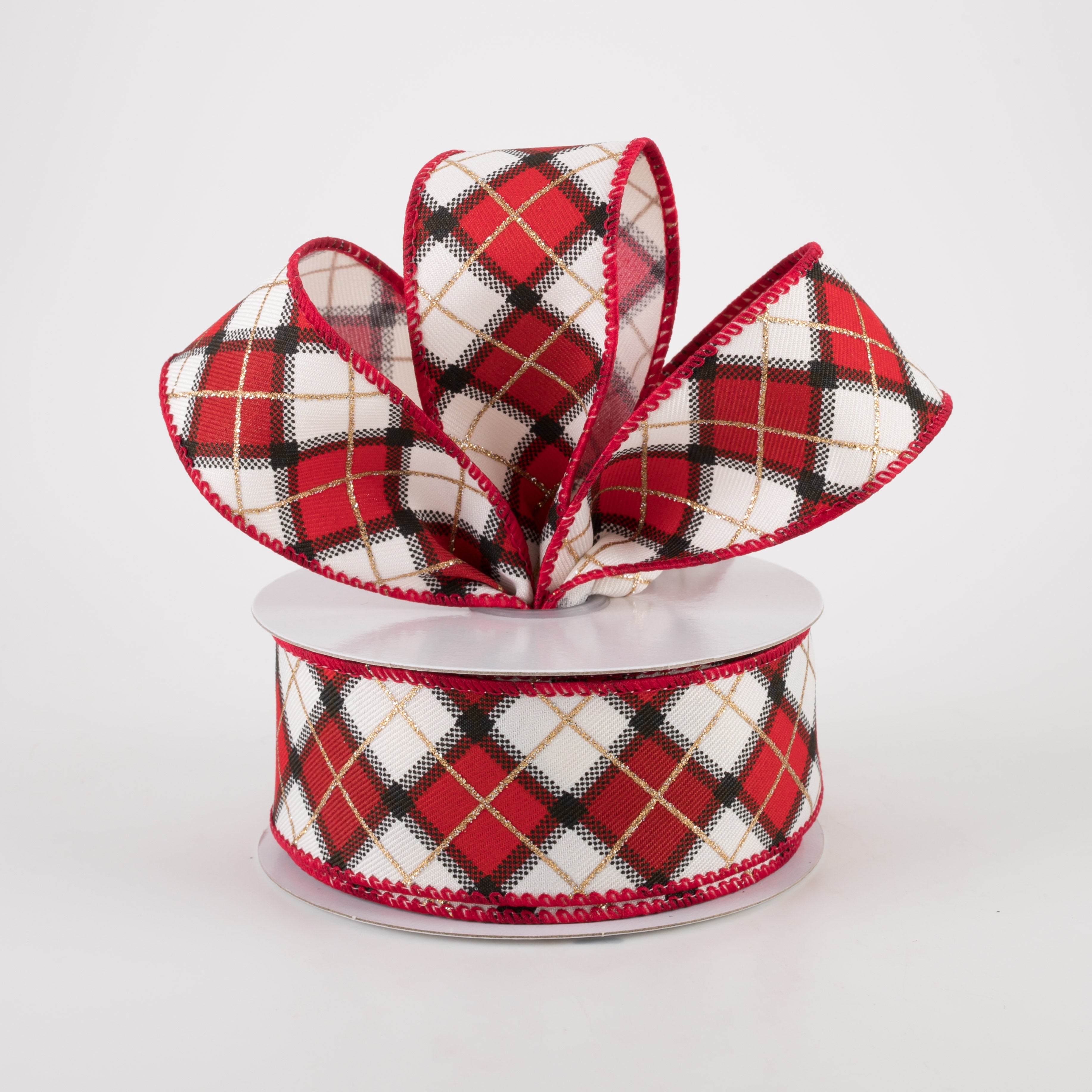 1.5" Claire Plaid Ribbon: Ivory, Red, Black (10 Yards) Lifestyle Photo