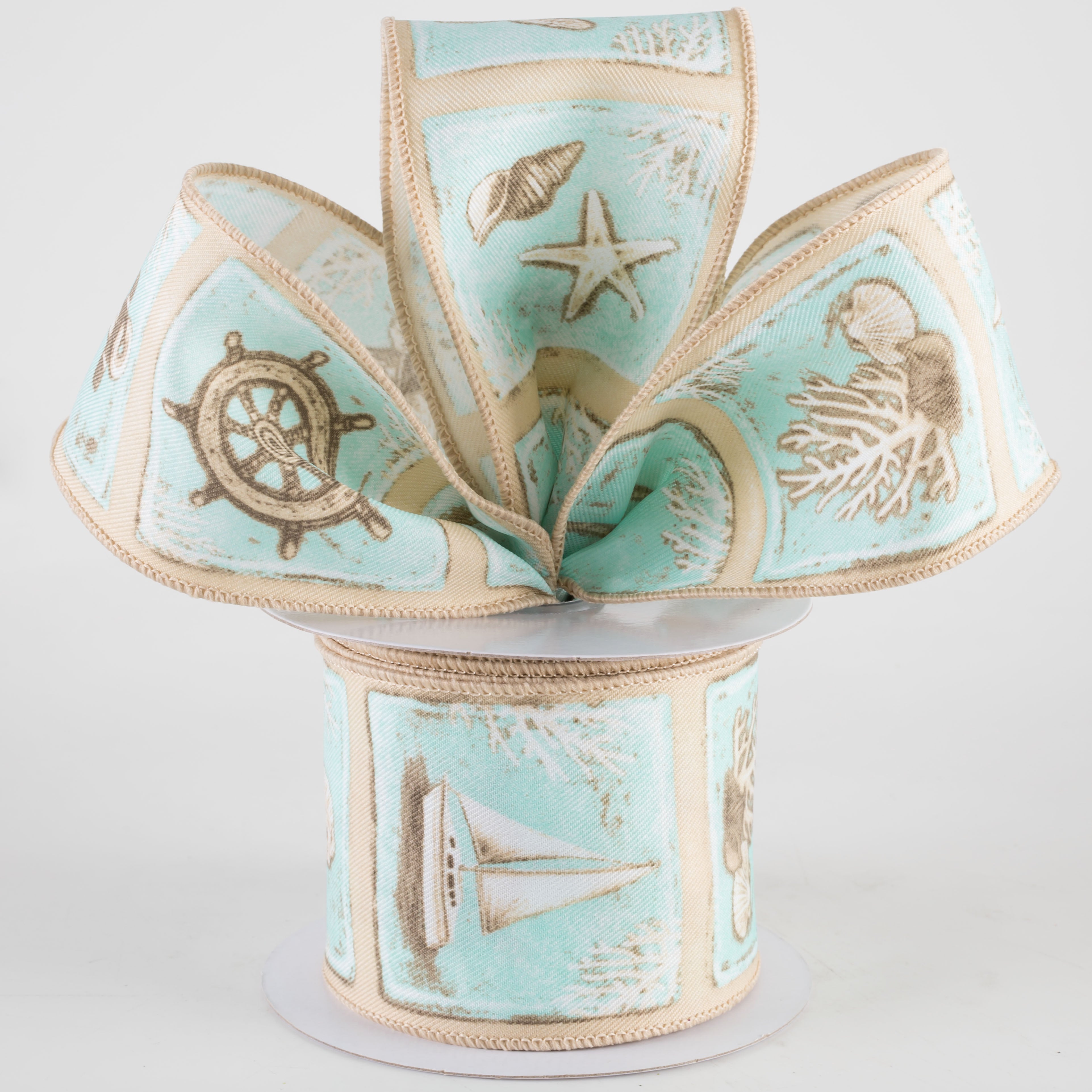 2.5" Coastal Blocks Ribbon: Turquoise on Natural (10 Yards) Lifestyle Photo
