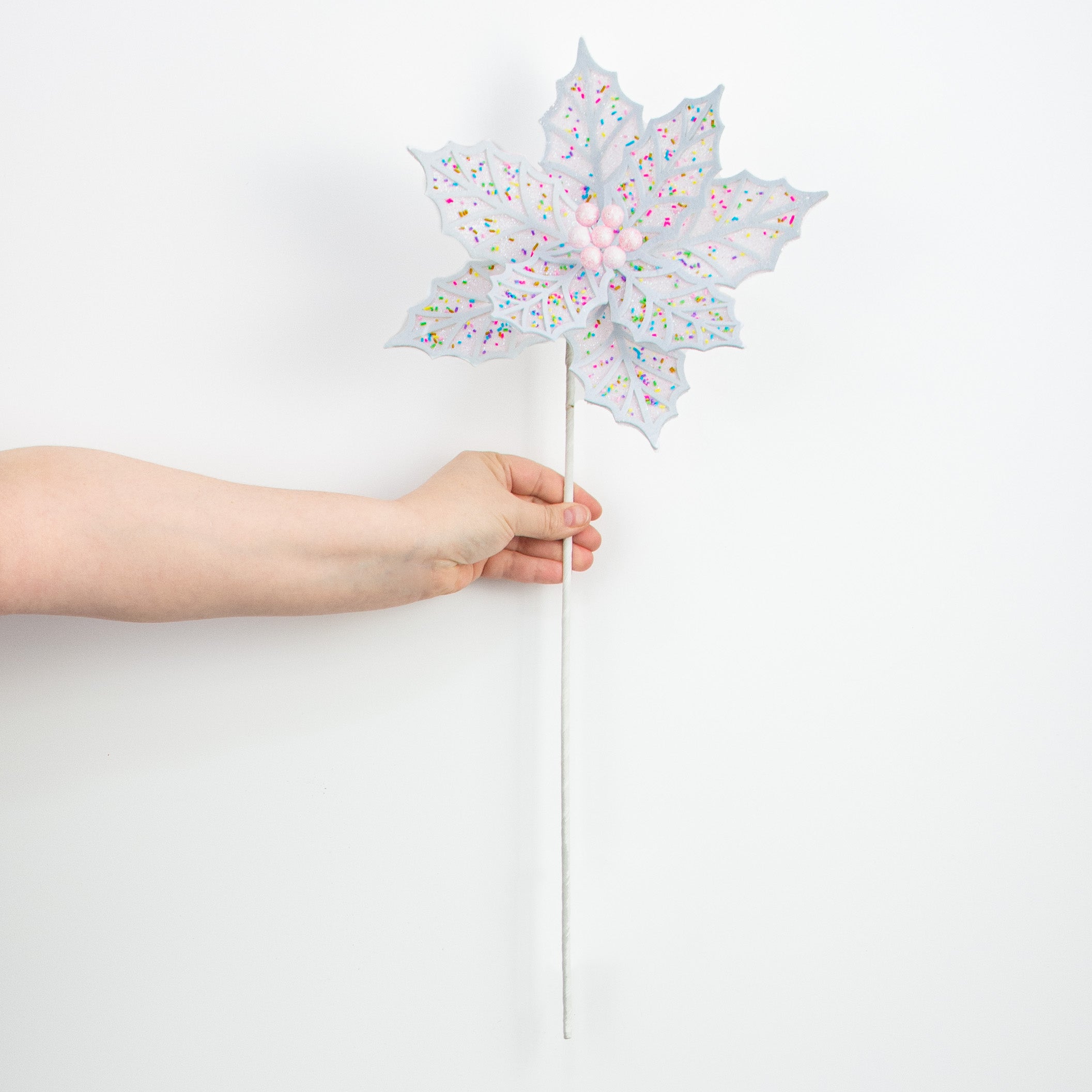 22" Confetti Poinsettia Stem: Pink & White detail photo 3