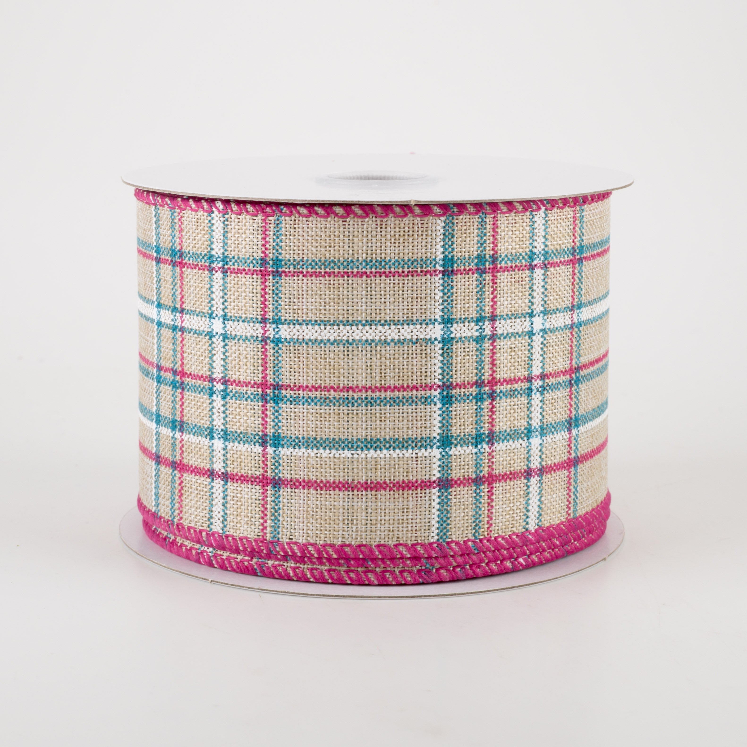 2.5" Cornelia Plaid Ribbon: Natural, Fuchsia, Turquoise & White (10 Yards) Item Number: 41239-40-39