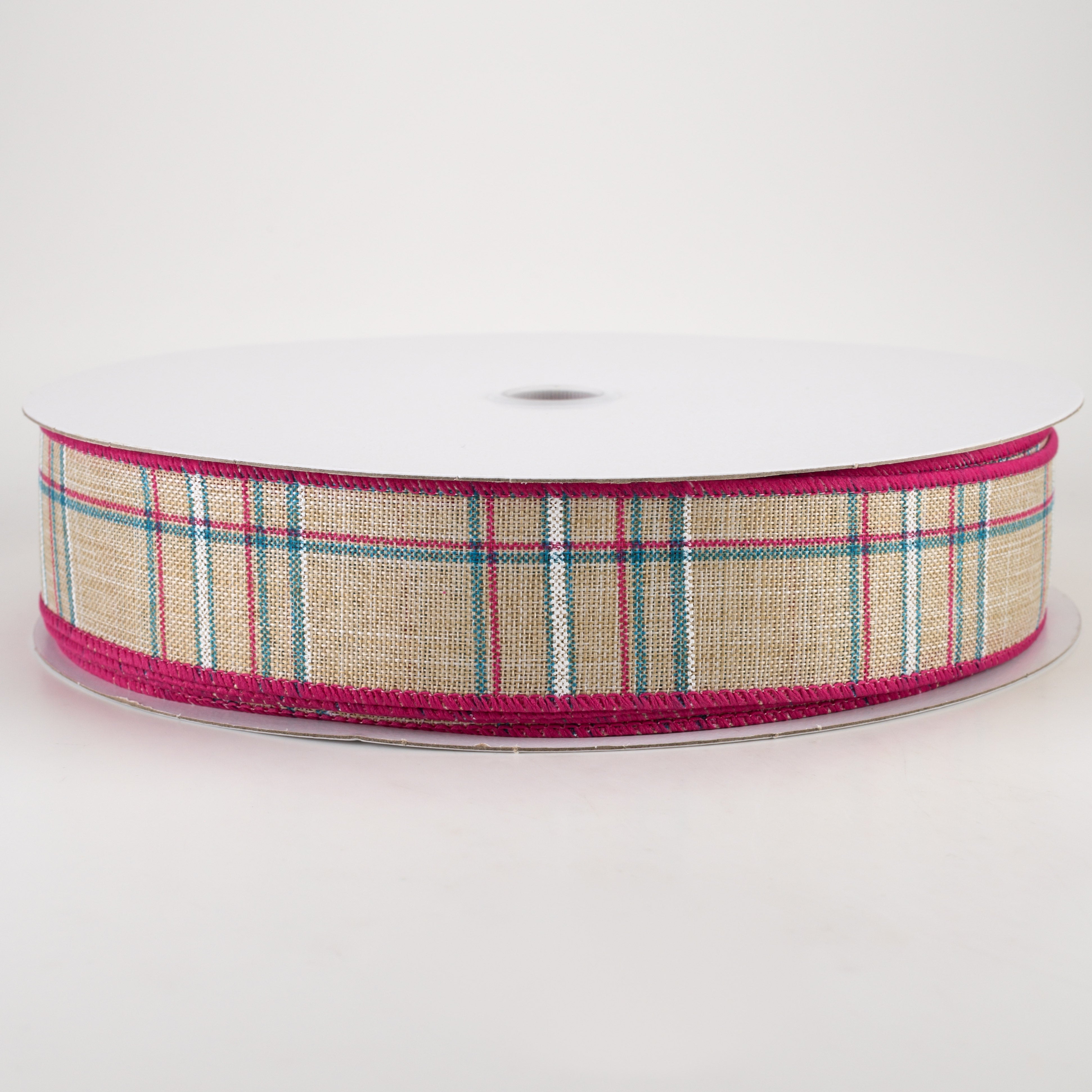 1.5" Cornelia Plaid Ribbon: Natural, Fuchsia, Turquoise & White (50 Yards) Item Number: 841-09-239