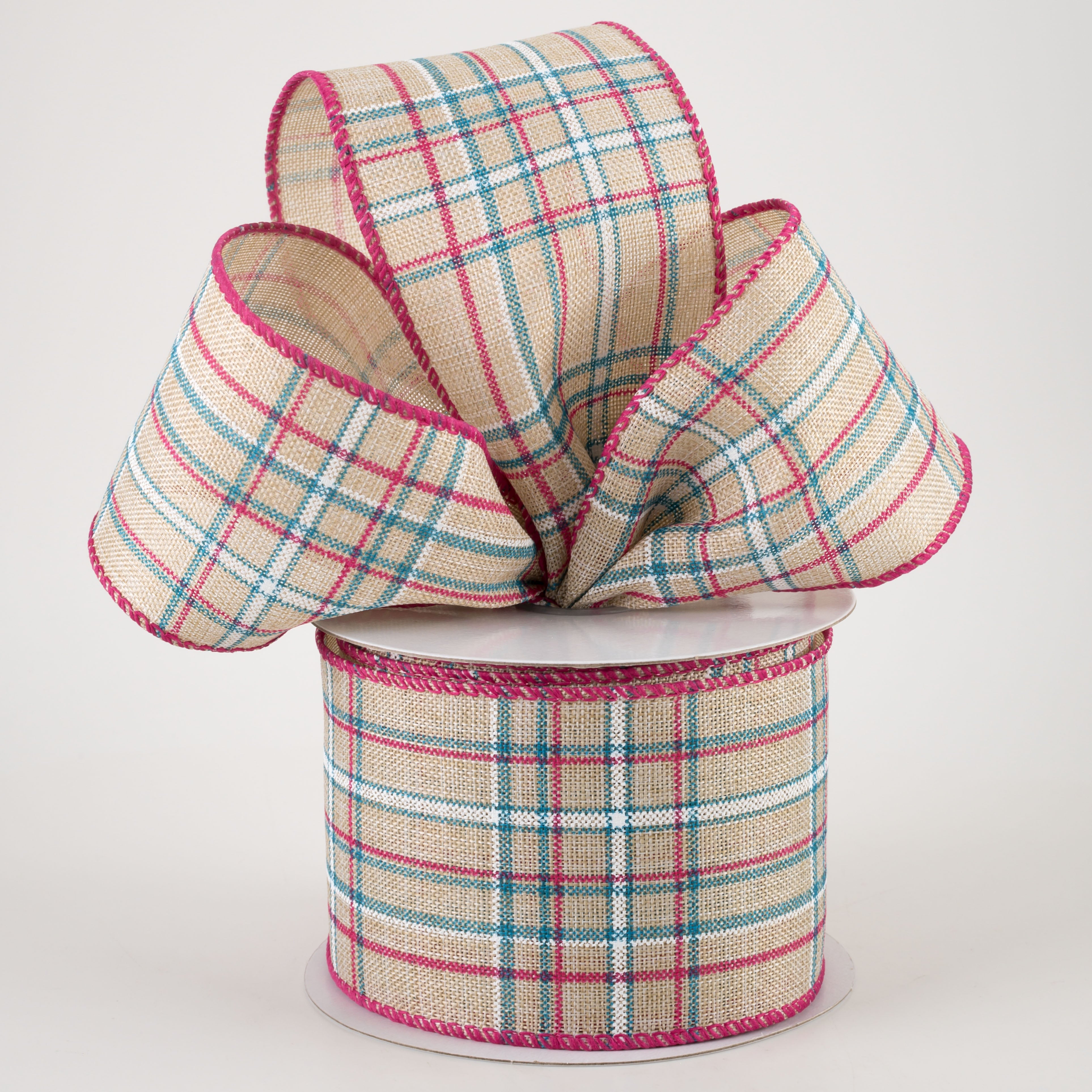 2.5" Cornelia Plaid Ribbon: Natural, Fuchsia, Turquoise & White (10 Yards) Lifestyle Photo