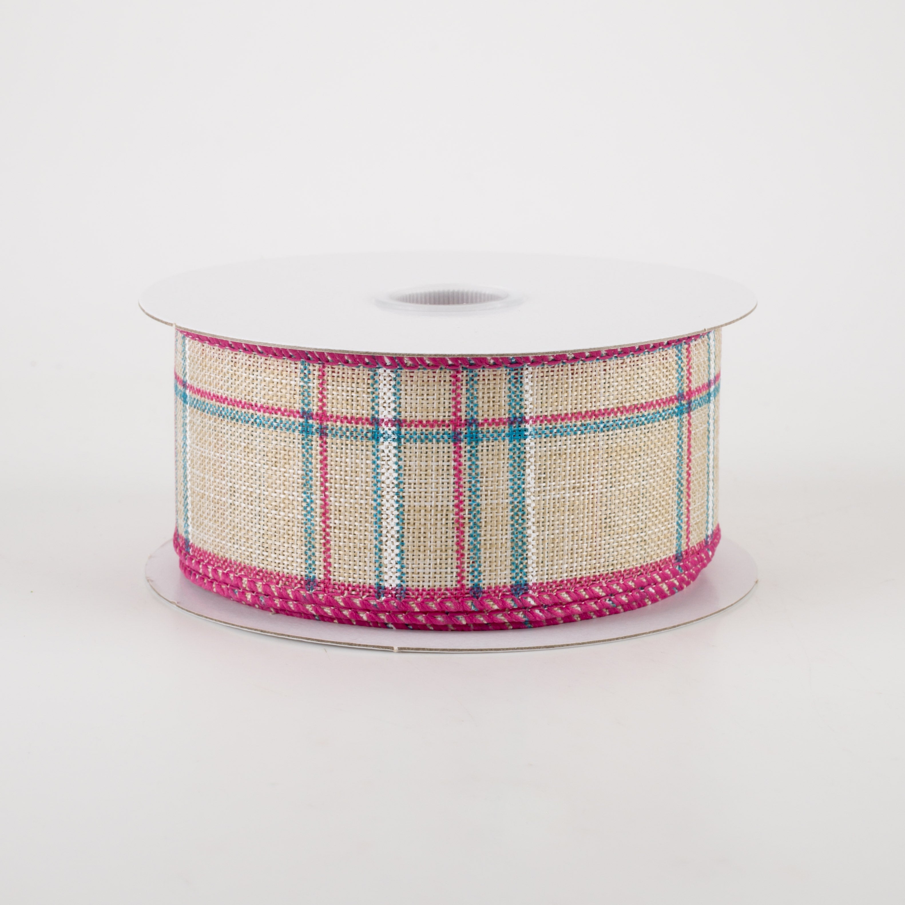 1.5" Cornelia Plaid Ribbon: Natural, Fuchsia, Turquoise & White (10 Yards)