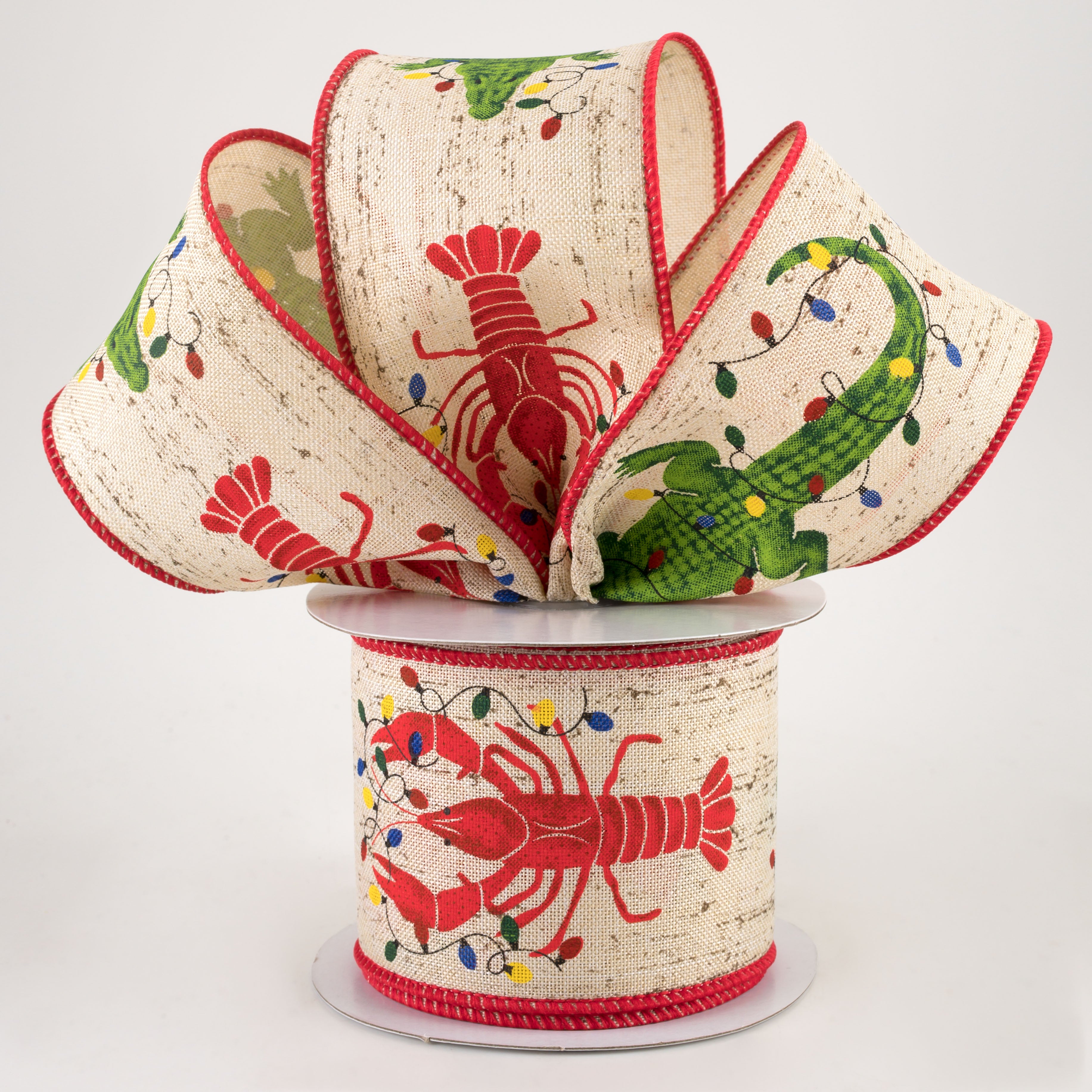 2.5" Crawfish, Alligator, Vintage Christmas Lights Ribbon: Cream (10 Yards) Lifestyle Photo