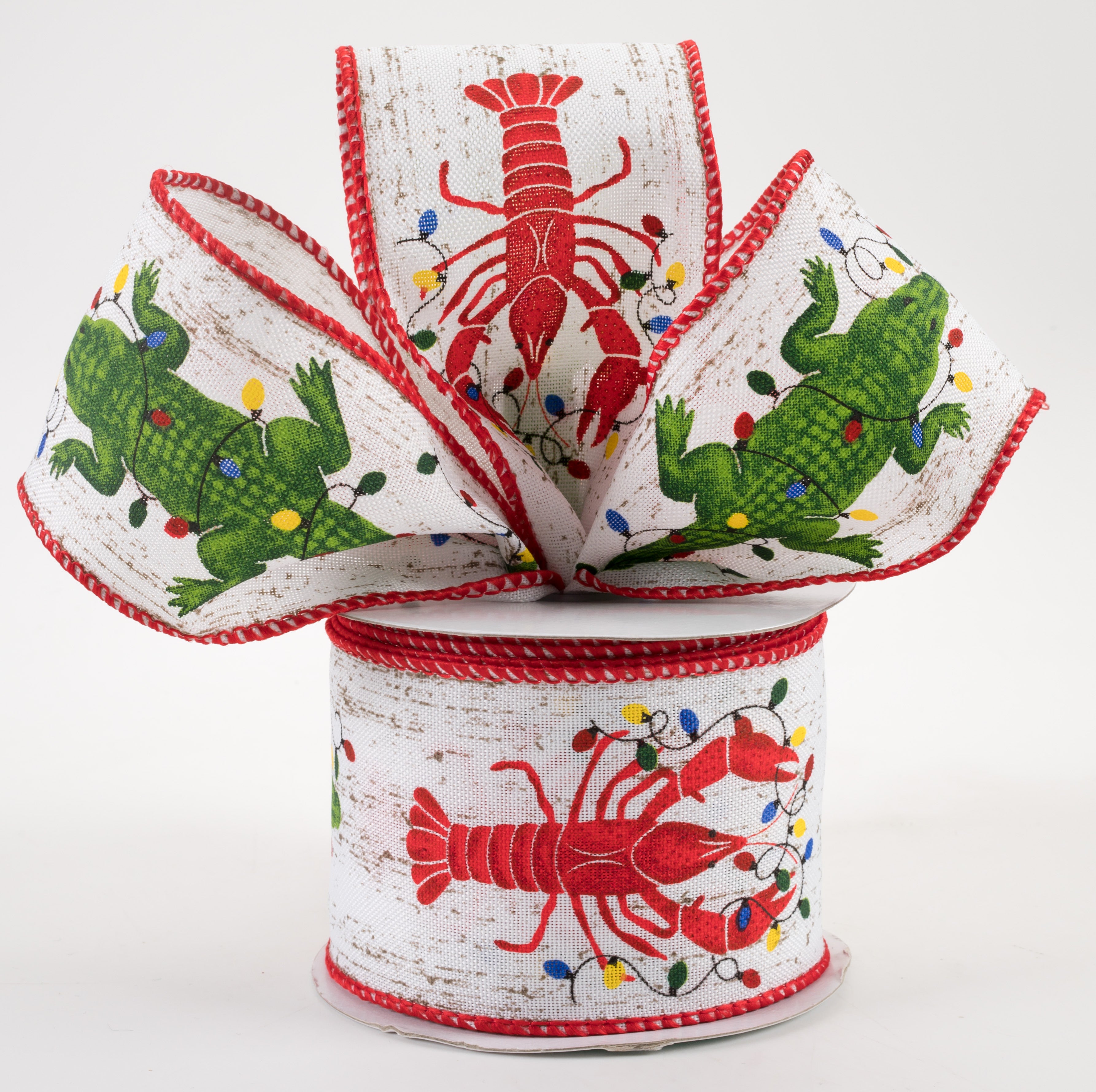 2.5" Crawfish, Alligator, Vintage Christmas Lights Ribbon: White (10 Yards) Lifestyle Photo