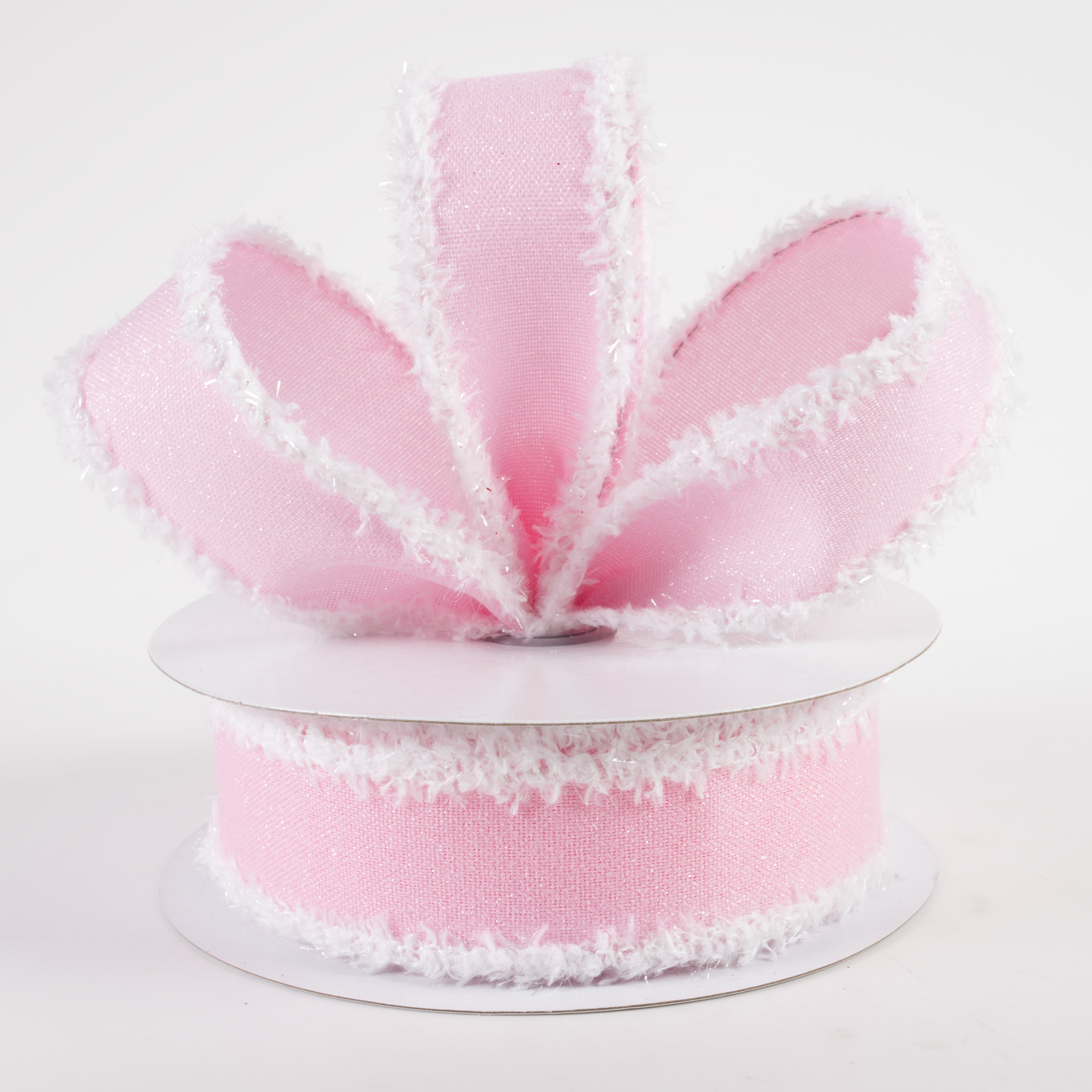 1.5" Crystal Shine Fuzzy Edge Ribbon: Pink & White (10 Yards) Lifestyle Photo