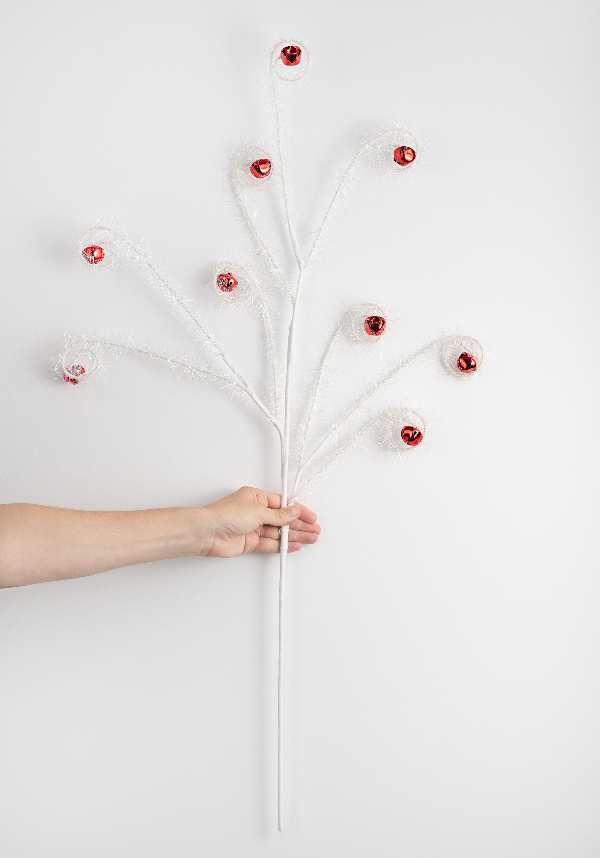 33" Curly Tinsel Jingle Bell Spray: Red & White detail photo 3
