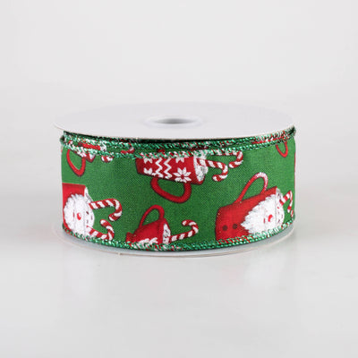 1.5" Santa Mug Hot Cocoa Ribbon: Emerald Green (10 Yards)