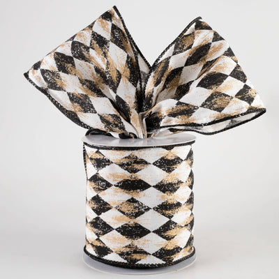 4" Canvas Harlequin Gold Painted Ribbon: Cream & Black (10 Yards)
