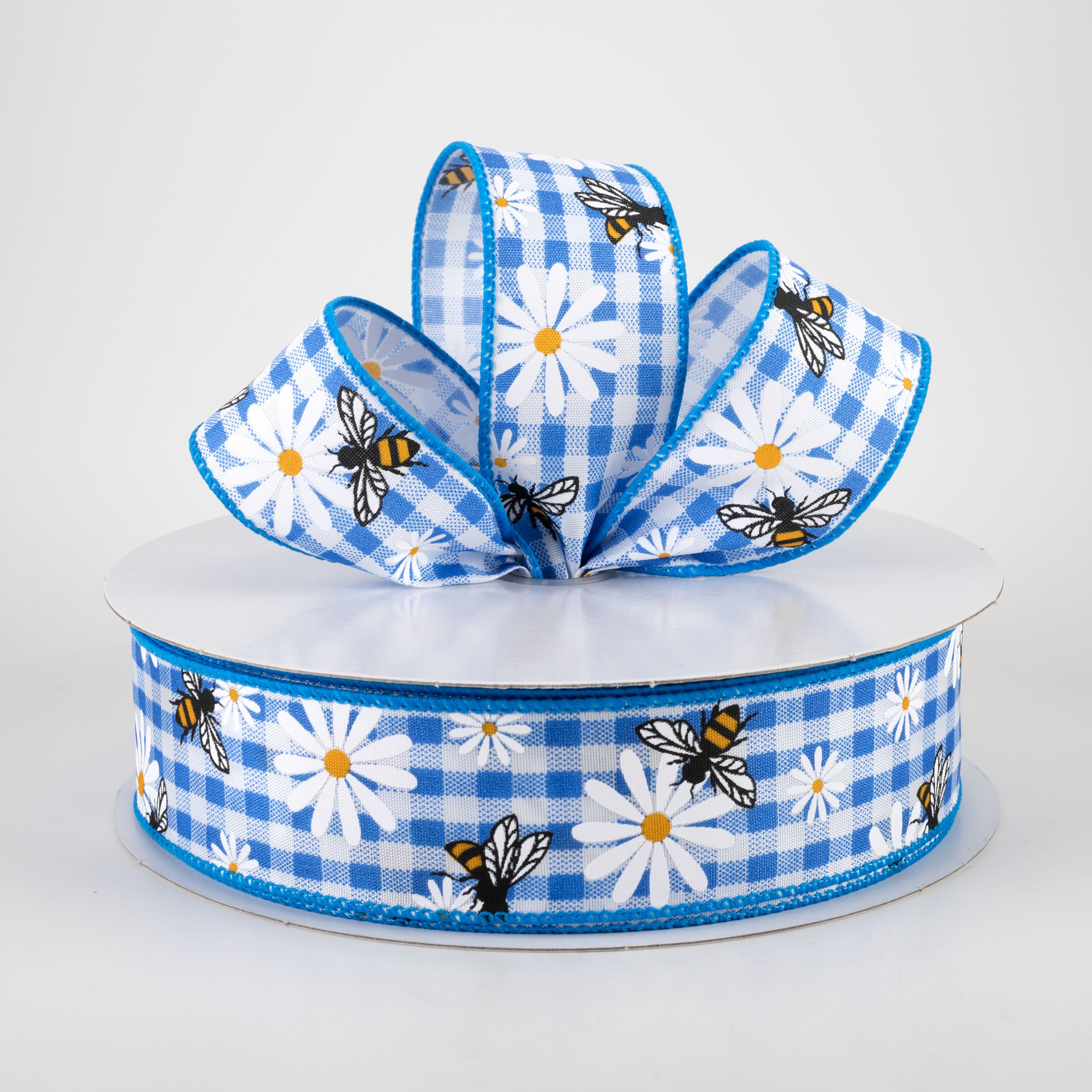 1.5" Daisies & Bees Ribbon: Cobalt Blue Gingham (50 Yards) Lifestyle Photo