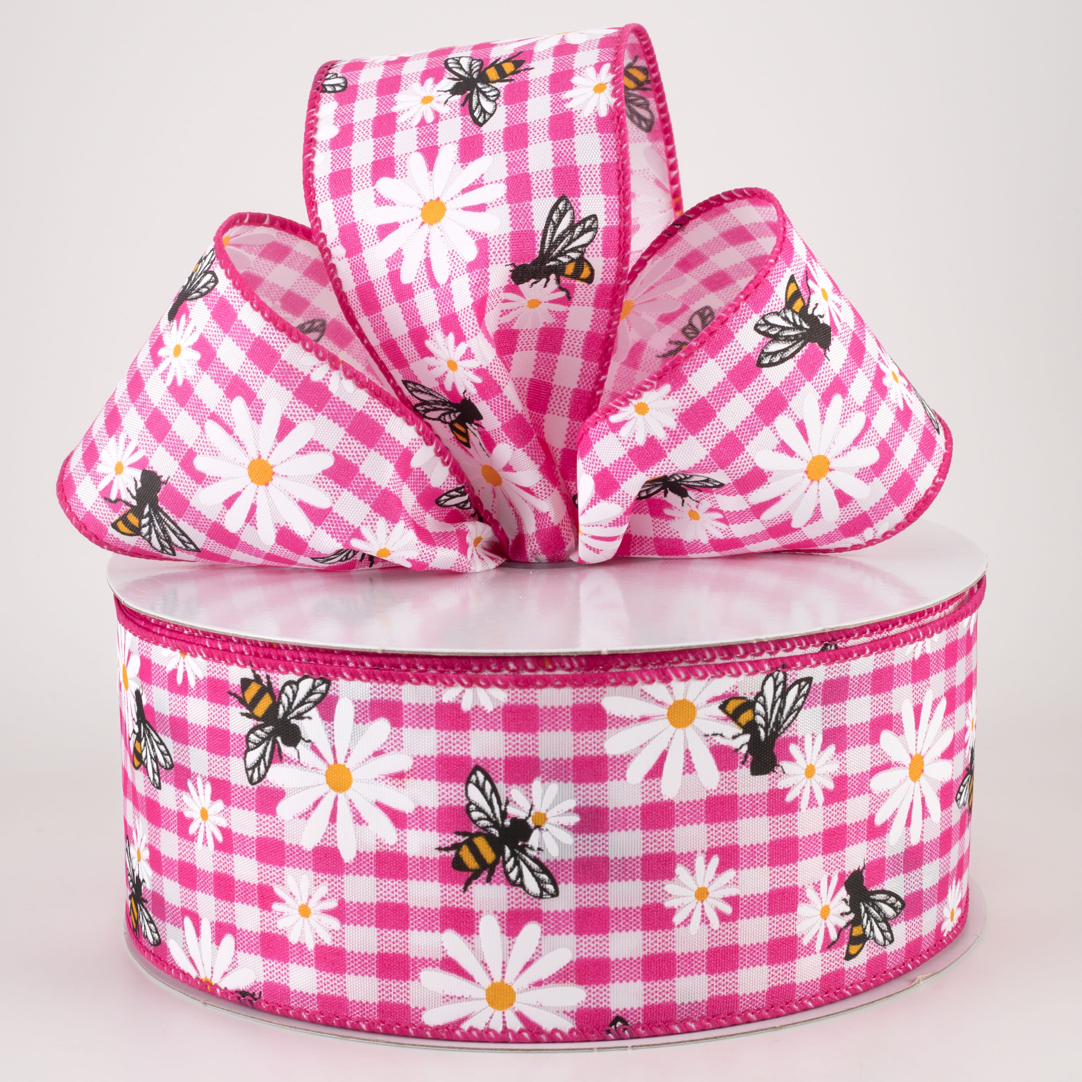 2.5" Daisies & Bees Ribbon: Fuchsia Pink Gingham (50 Yards) Lifestyle Photo