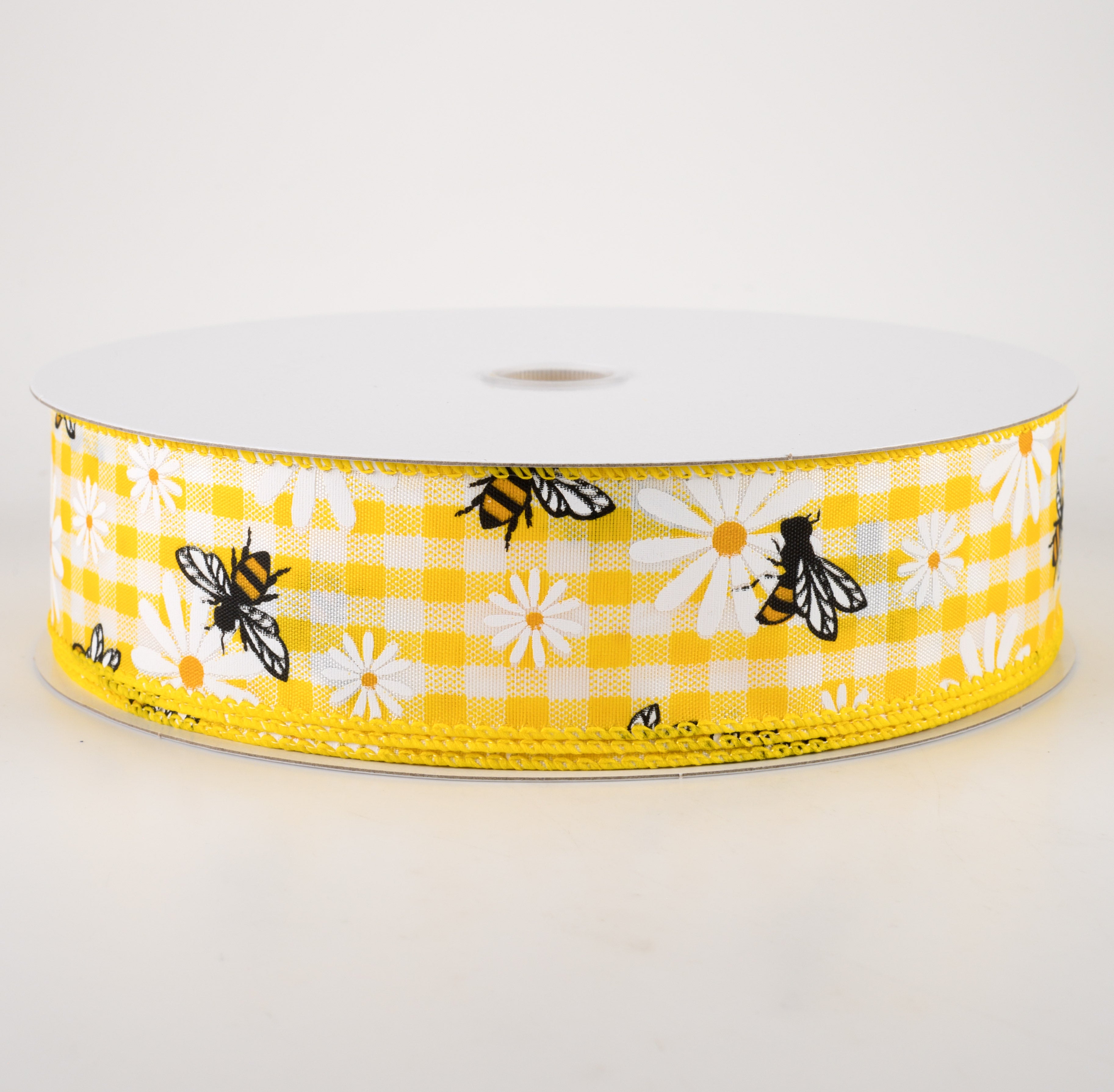 1.5" Daisies & Bees Ribbon: Yellow & White Gingham (50 Yards)