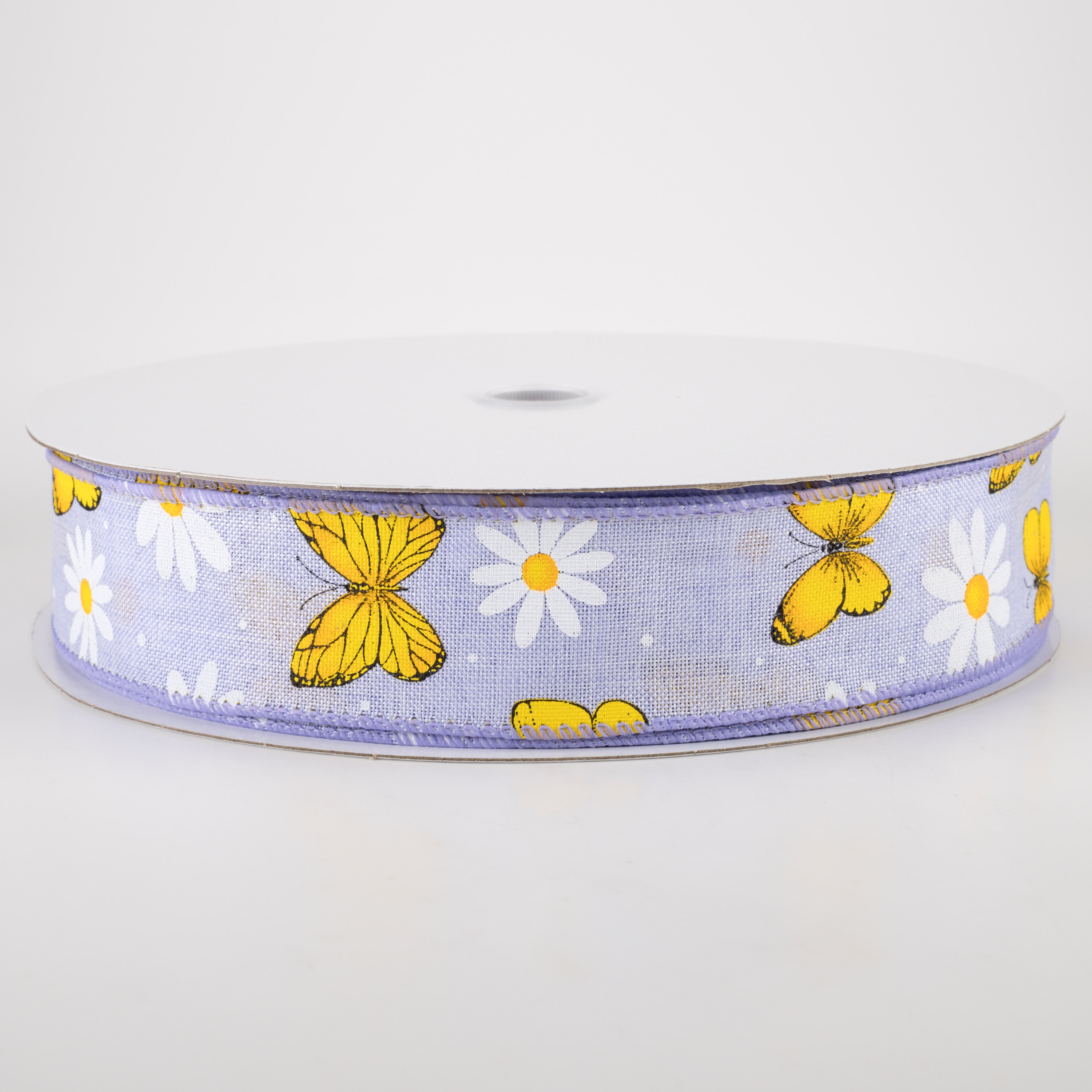 1.5" Daisies & Butterflies Linen Ribbon: Lavender (50 Yards) Item Number: 841-09-232