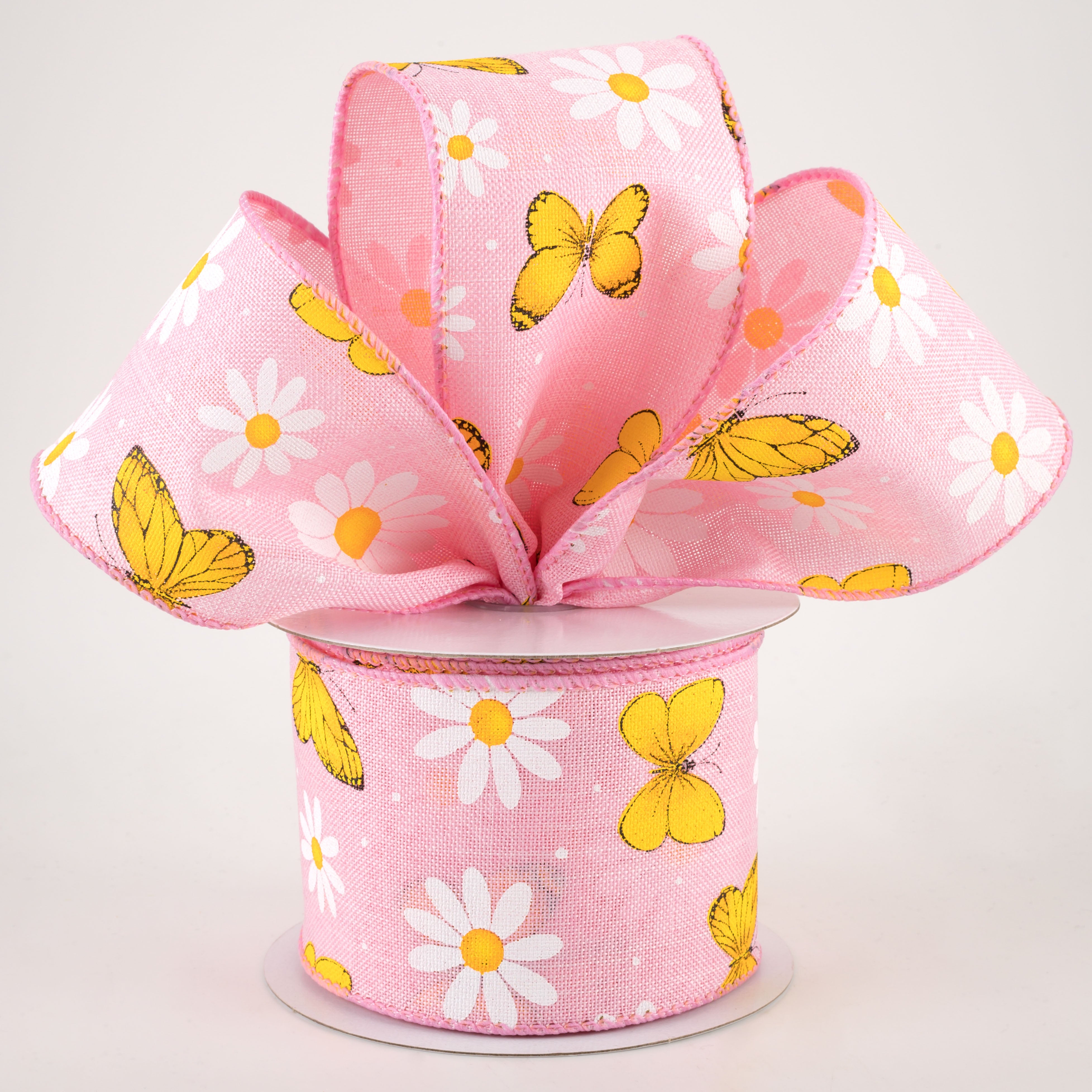 2.5" Daisies & Butterflies Linen Ribbon: Pink (10 Yards) Lifestyle Photo