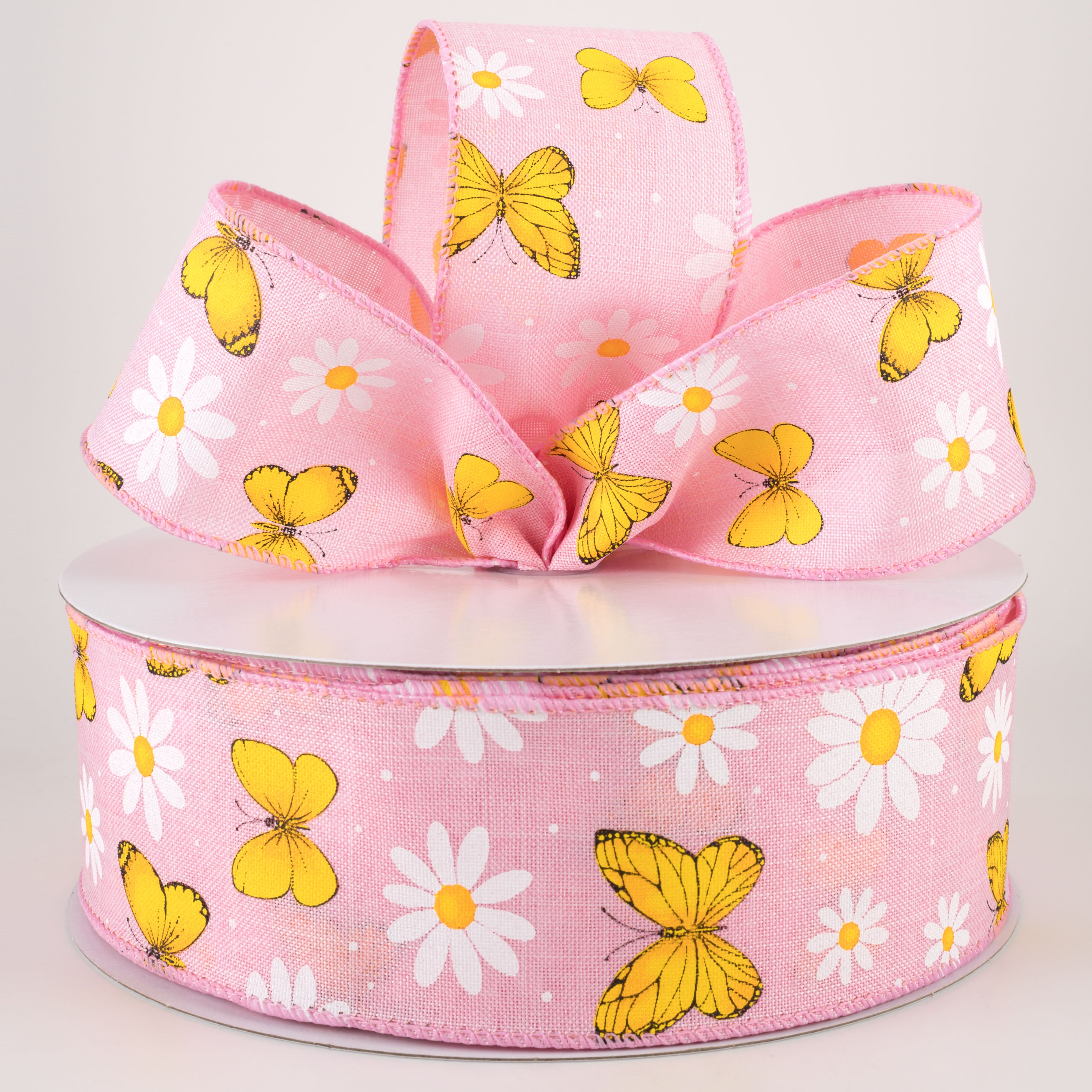 2.5" Daisies & Butterflies Linen Ribbon: Pink (50 Yards) Lifestyle Photo