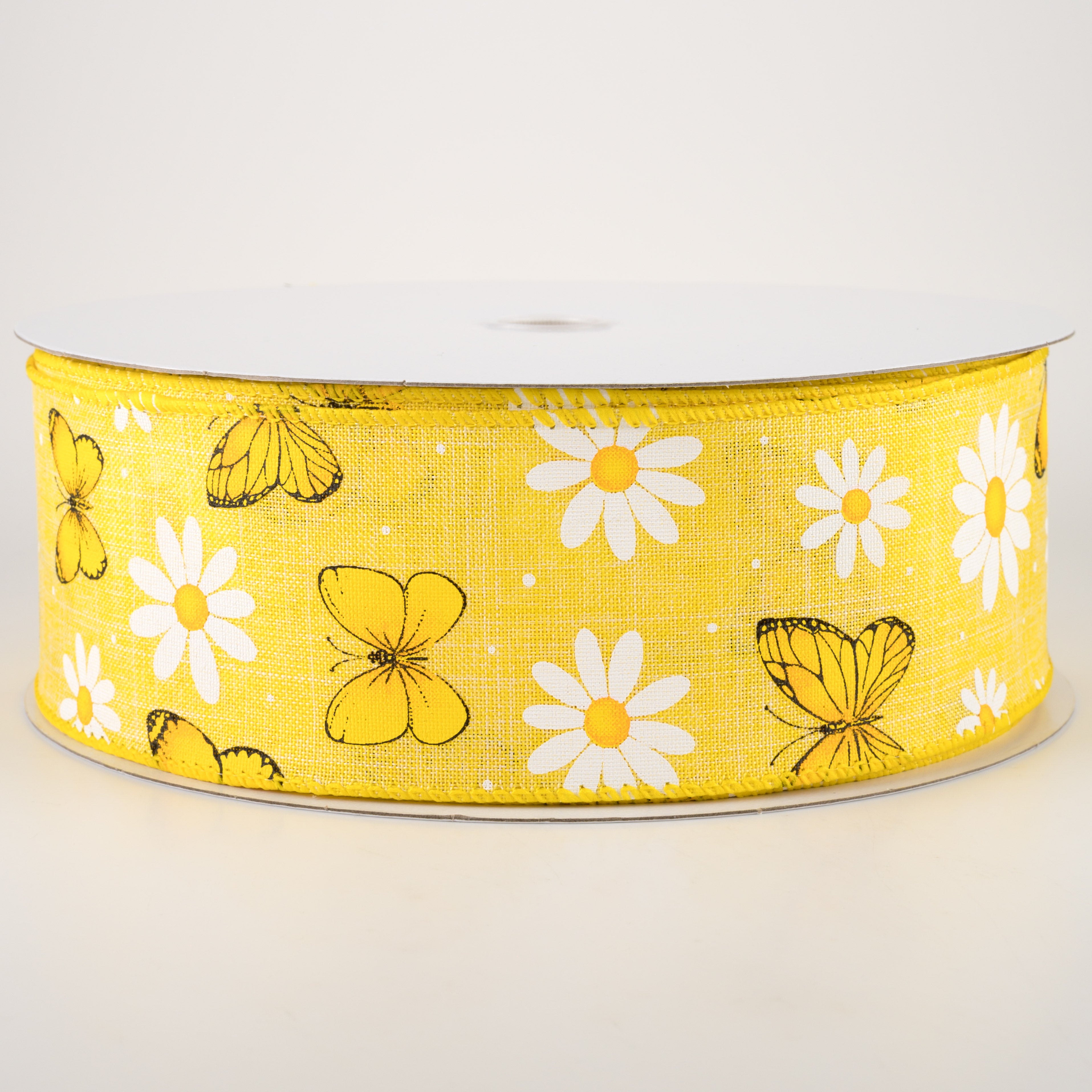 2.5" Daisies & Butterflies Linen Ribbon: Yellow (50 Yards)