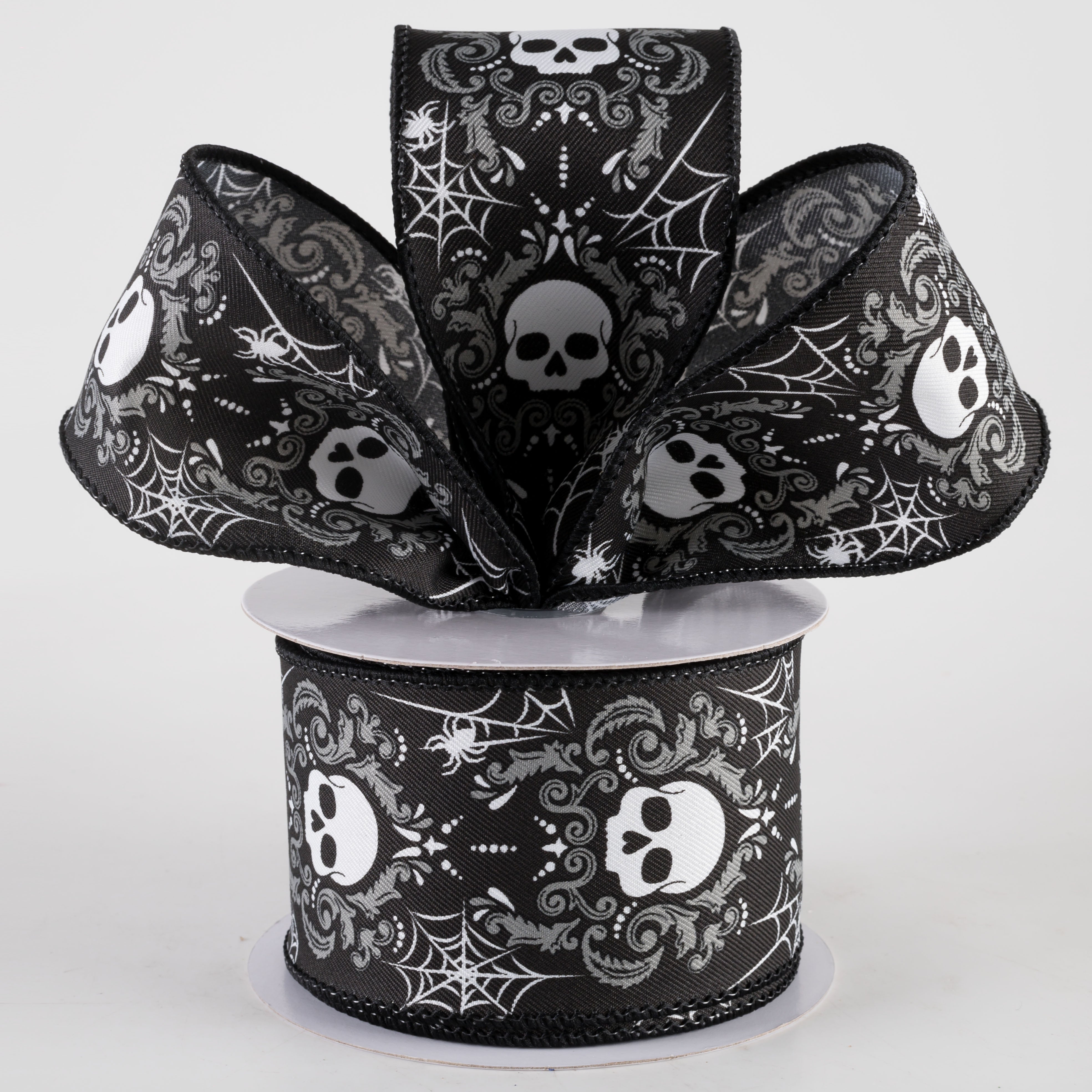 2.5" Damask Skull Ribbon: Black & Grey (10 Yards) Lifestyle Photo