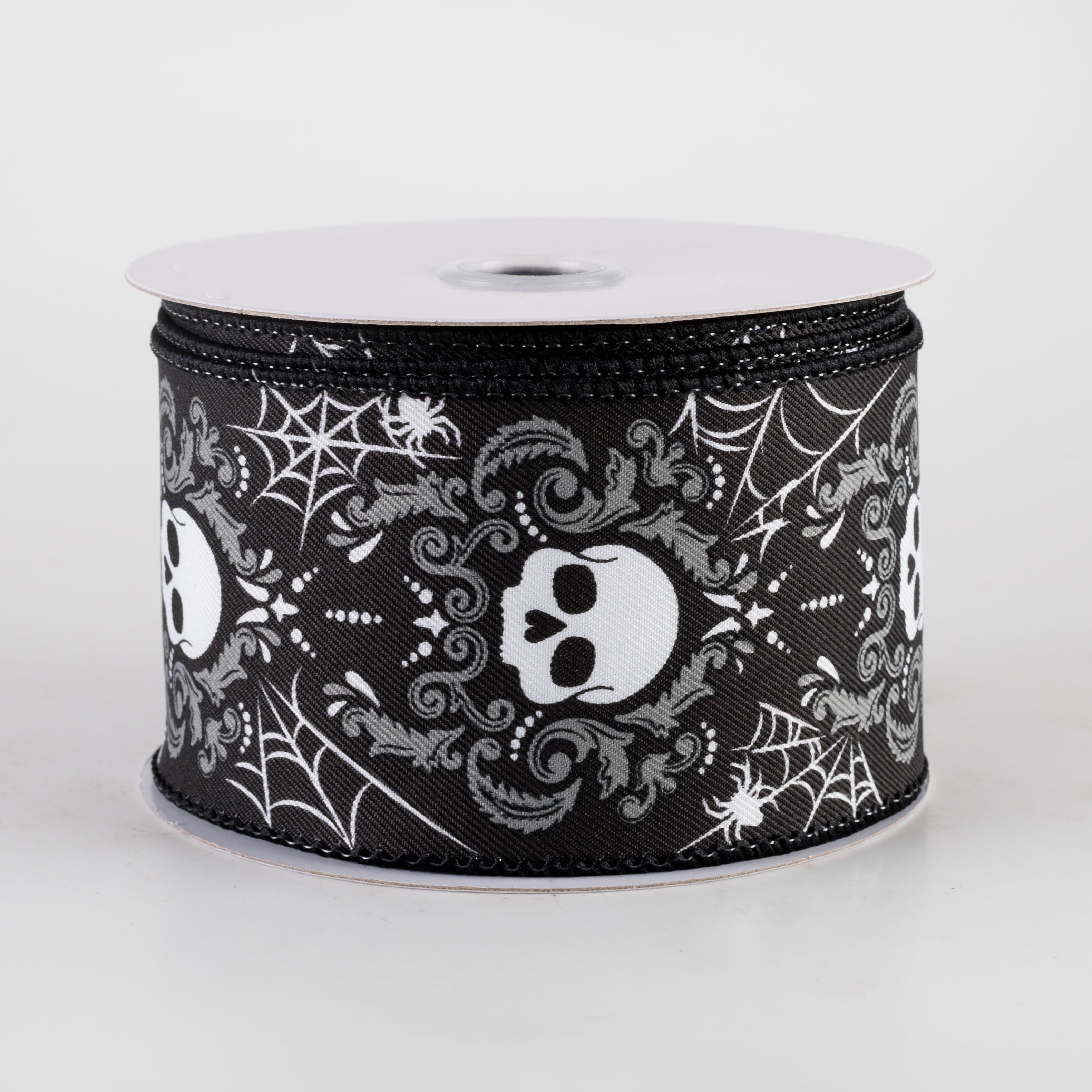 2.5" Damask Skull Ribbon: Black & Grey (10 Yards)