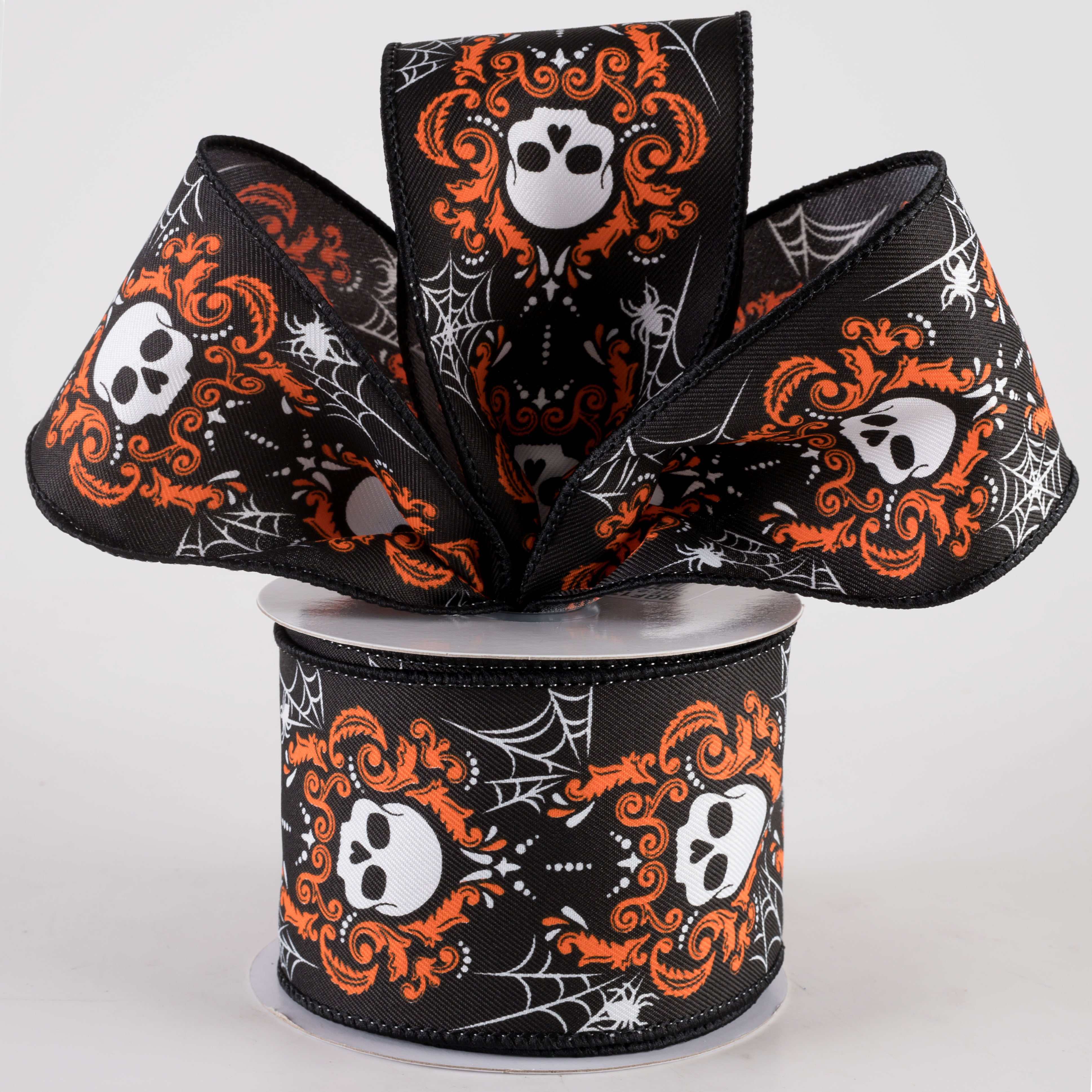 2.5" Damask Skull Ribbon: Black & Orange (10 Yards) Lifestyle Photo