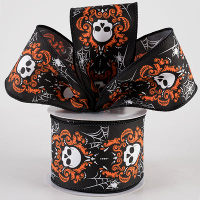 2.5" Damask Skull Ribbon: Black & Orange (10 Yards) Lifestyle Photo