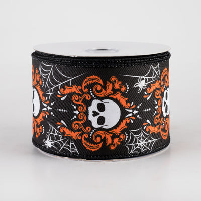 2.5" Damask Skull Ribbon: Black & Orange (10 Yards)