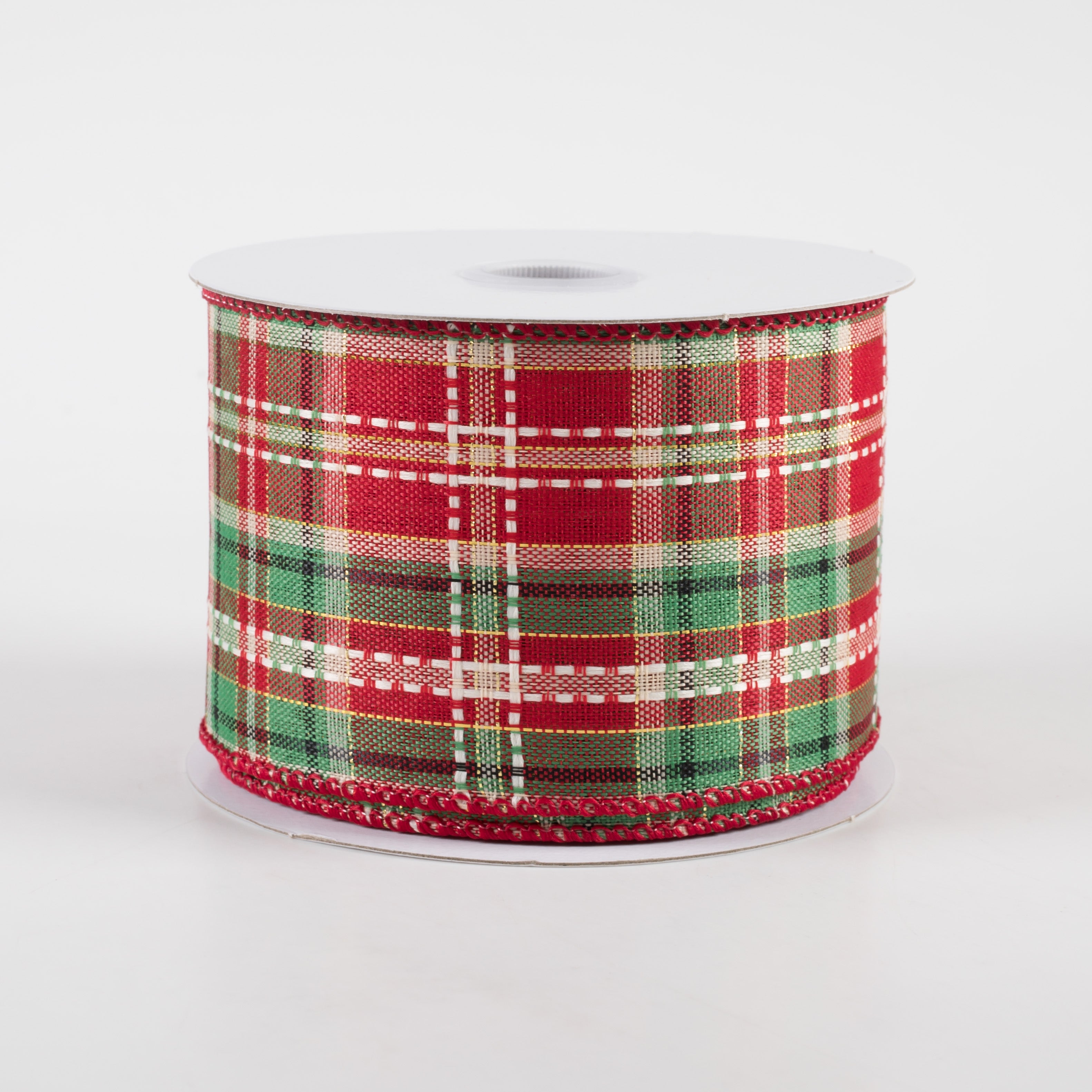 2.5" Dash Stitch Plaid Ribbon: Red, Green, White, Natural (10 Yards)