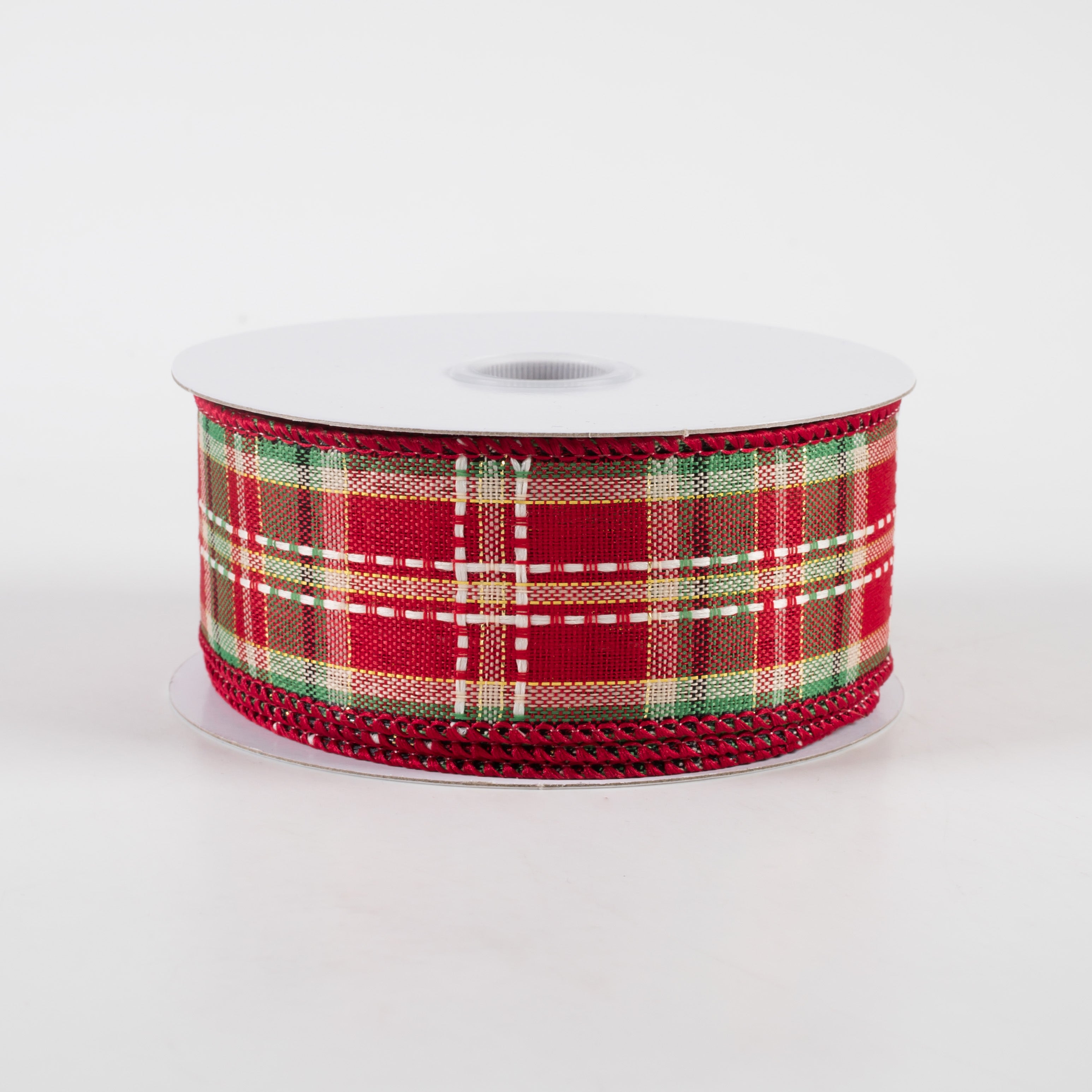 1.5" Dash Stitch Plaid Ribbon: Red, Green, White, Natural (10 Yards)