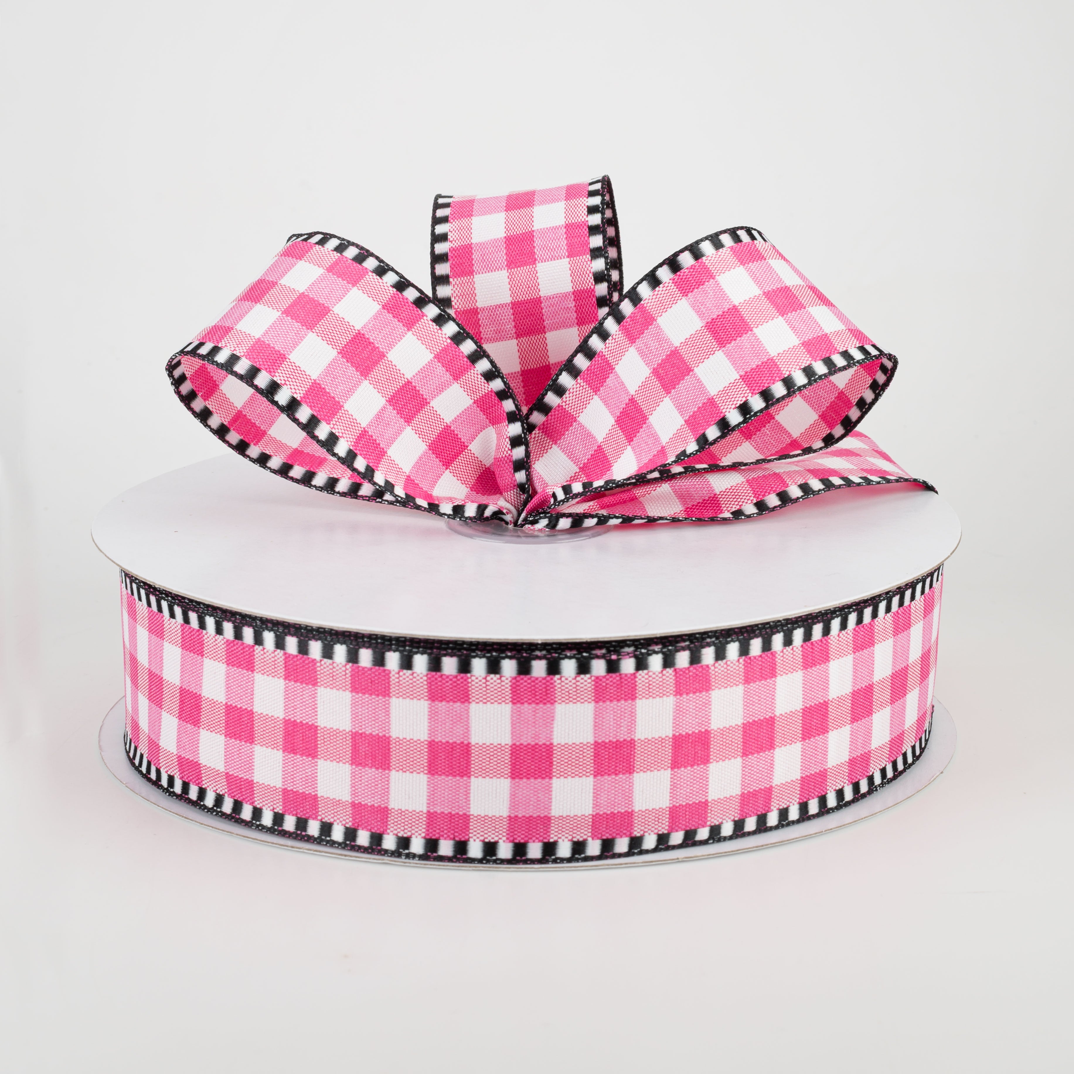 1.5" Dashed Edge Check Plaid Ribbon: Fuchsia & White (50 Yards) Lifestyle Photo