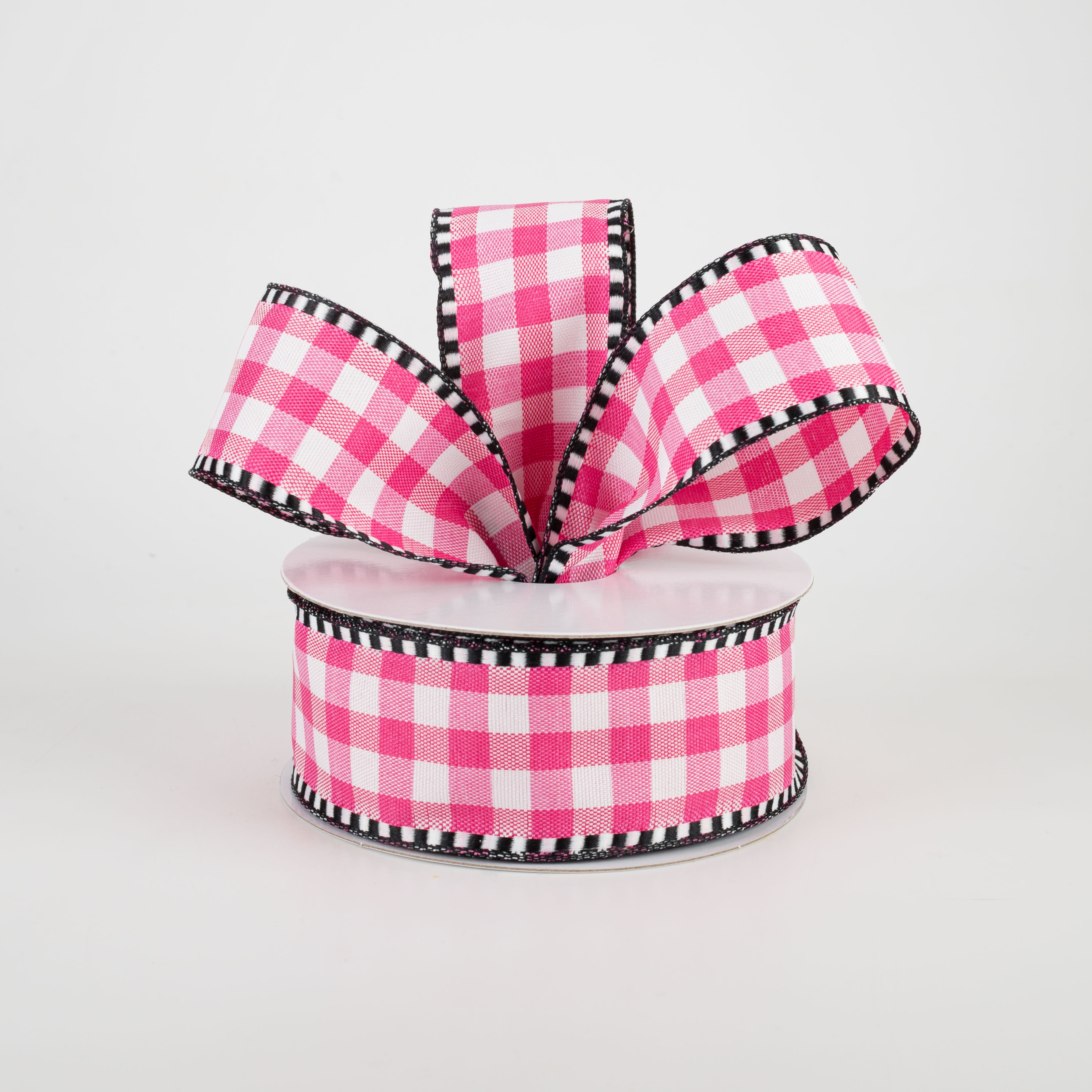 1.5" Dashed Edge Check Plaid Ribbon: Fuchsia & White (10 Yards) Lifestyle Photo