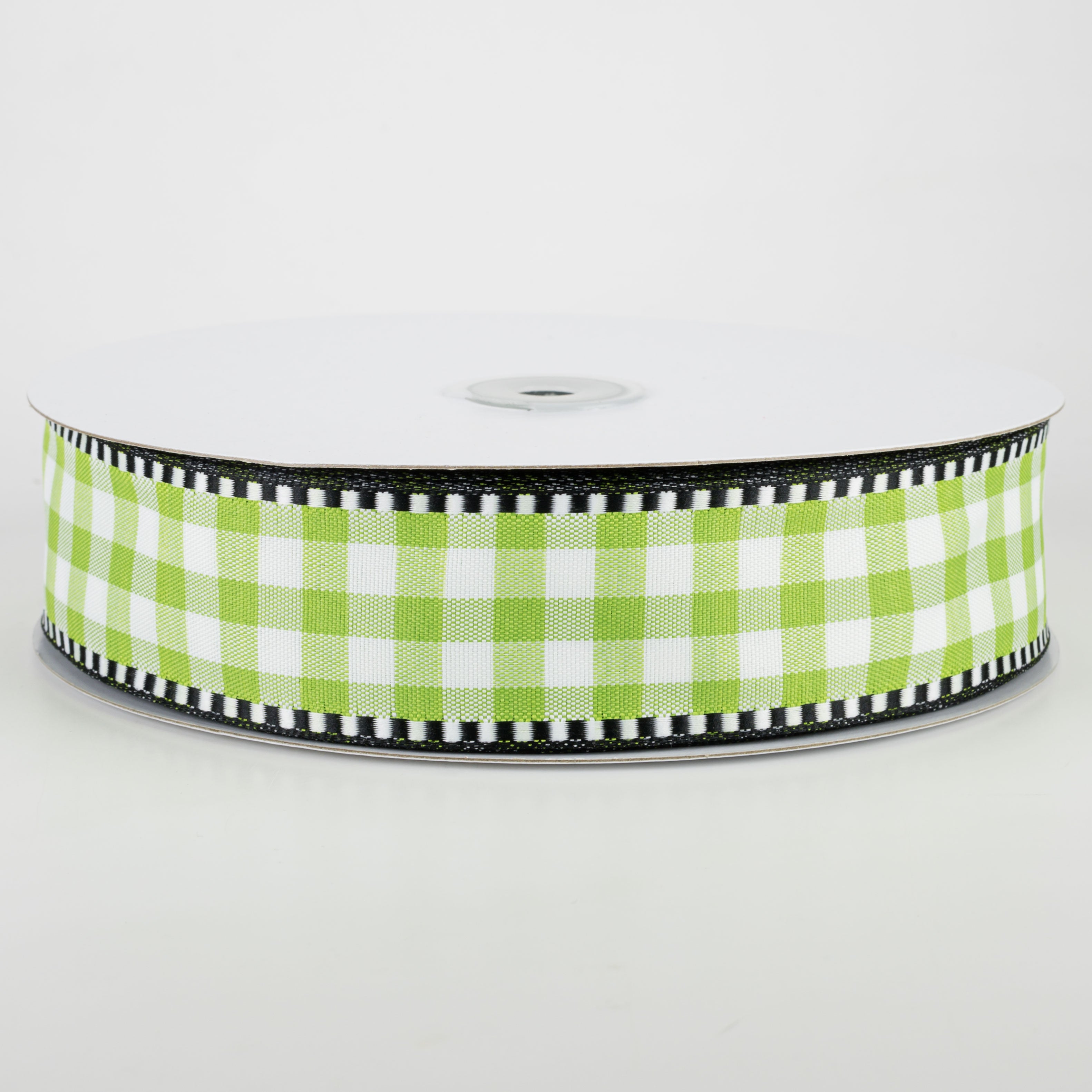 1.5" Dashed Edge Check Plaid Ribbon: Lime & White (50 Yards) Item Number: 847-09-155