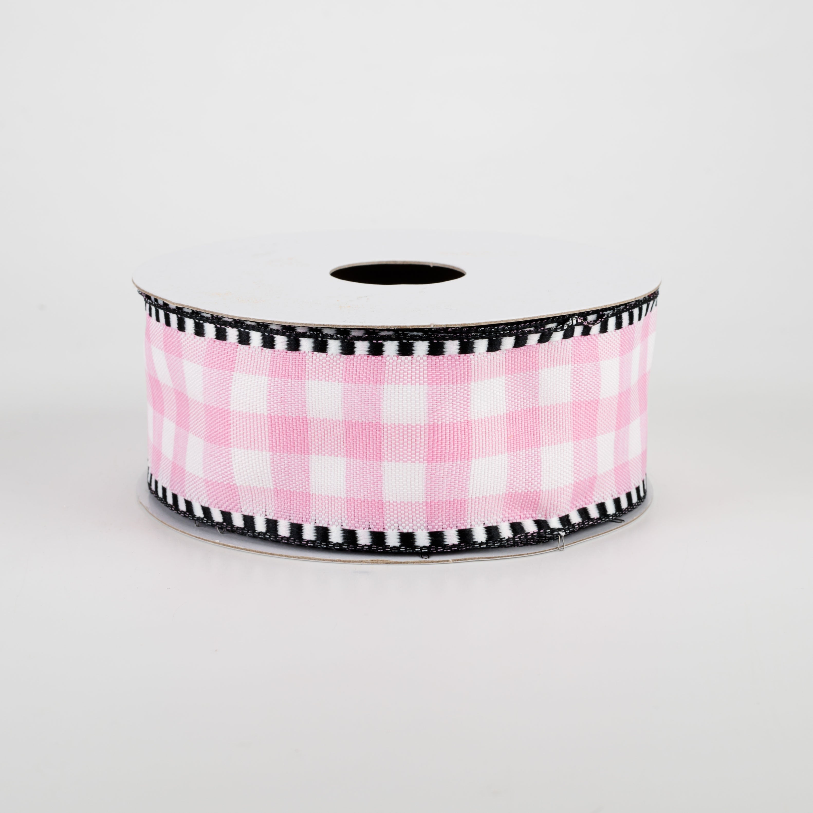 1.5" Dashed Edge Check Plaid Ribbon: Pink & White (10 Yards)