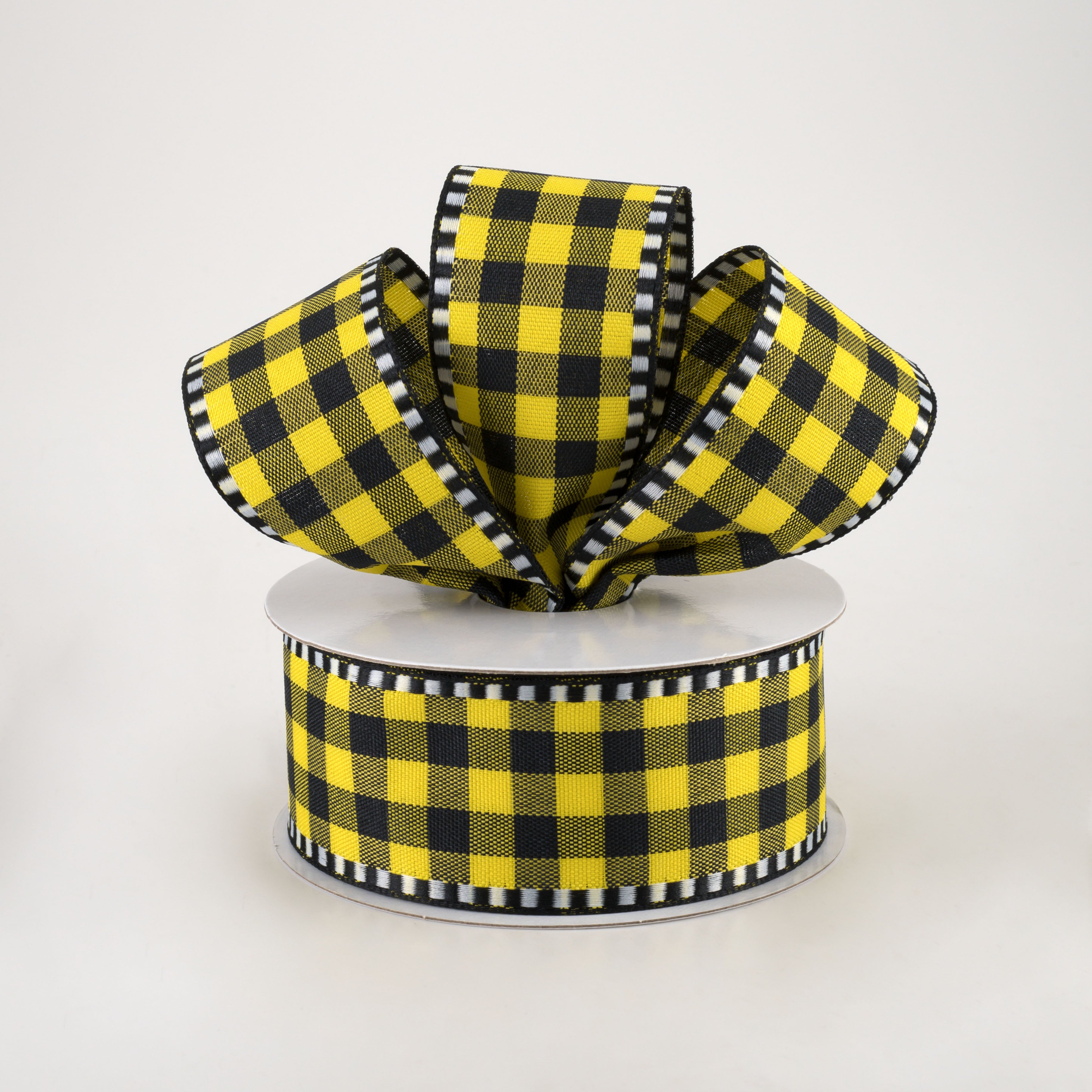 1.5" Dashed Edge Check Plaid Ribbon: Yellow & Black (10 Yards) Lifestyle Photo