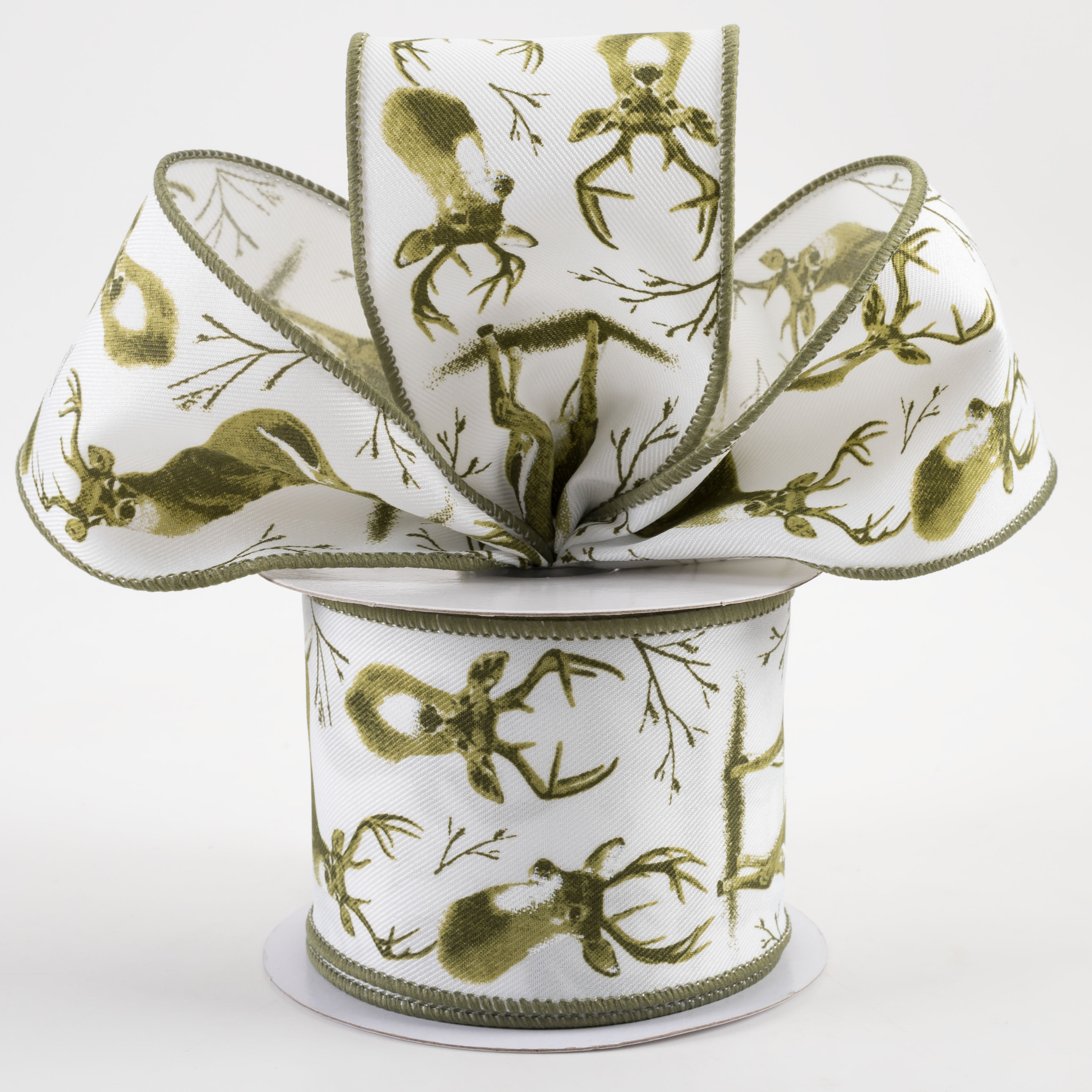 2.5" Deer Ribbon: White & Moss (10 Yards) Lifestyle Photo