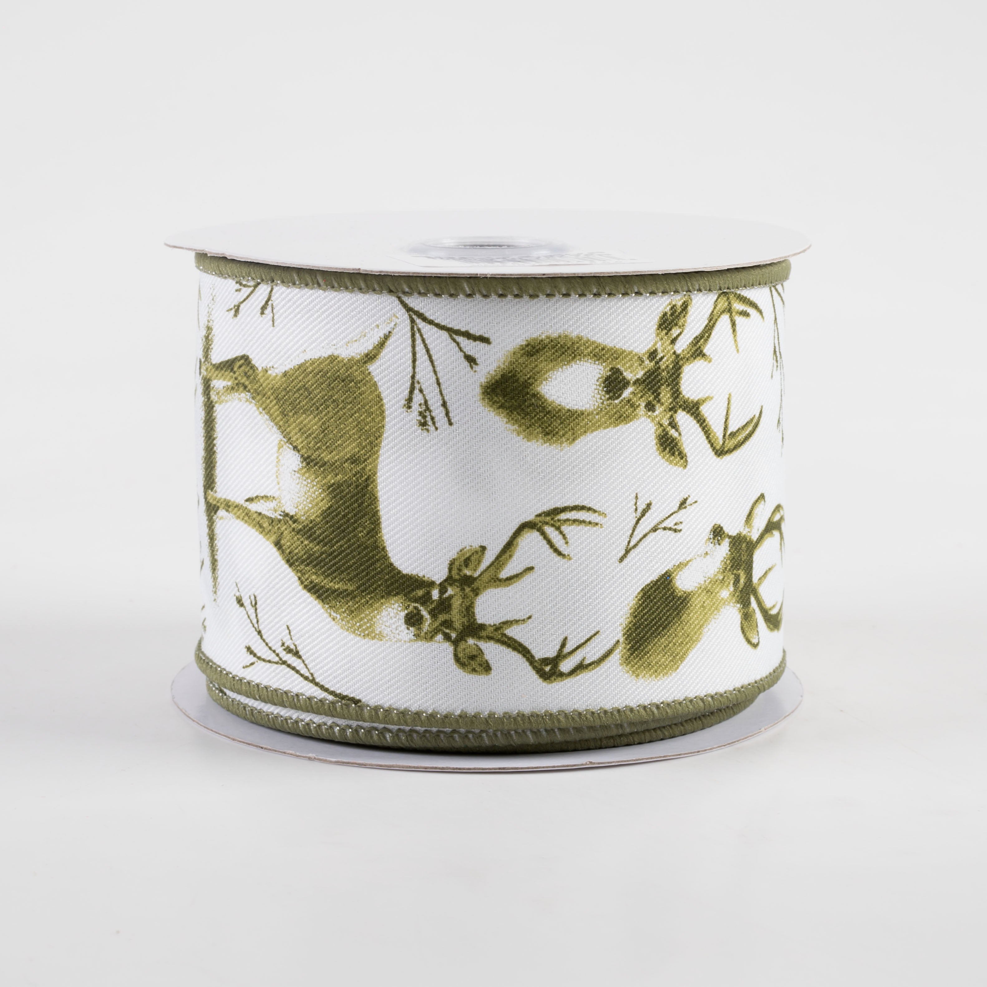 2.5" Deer Ribbon: White & Moss (10 Yards)