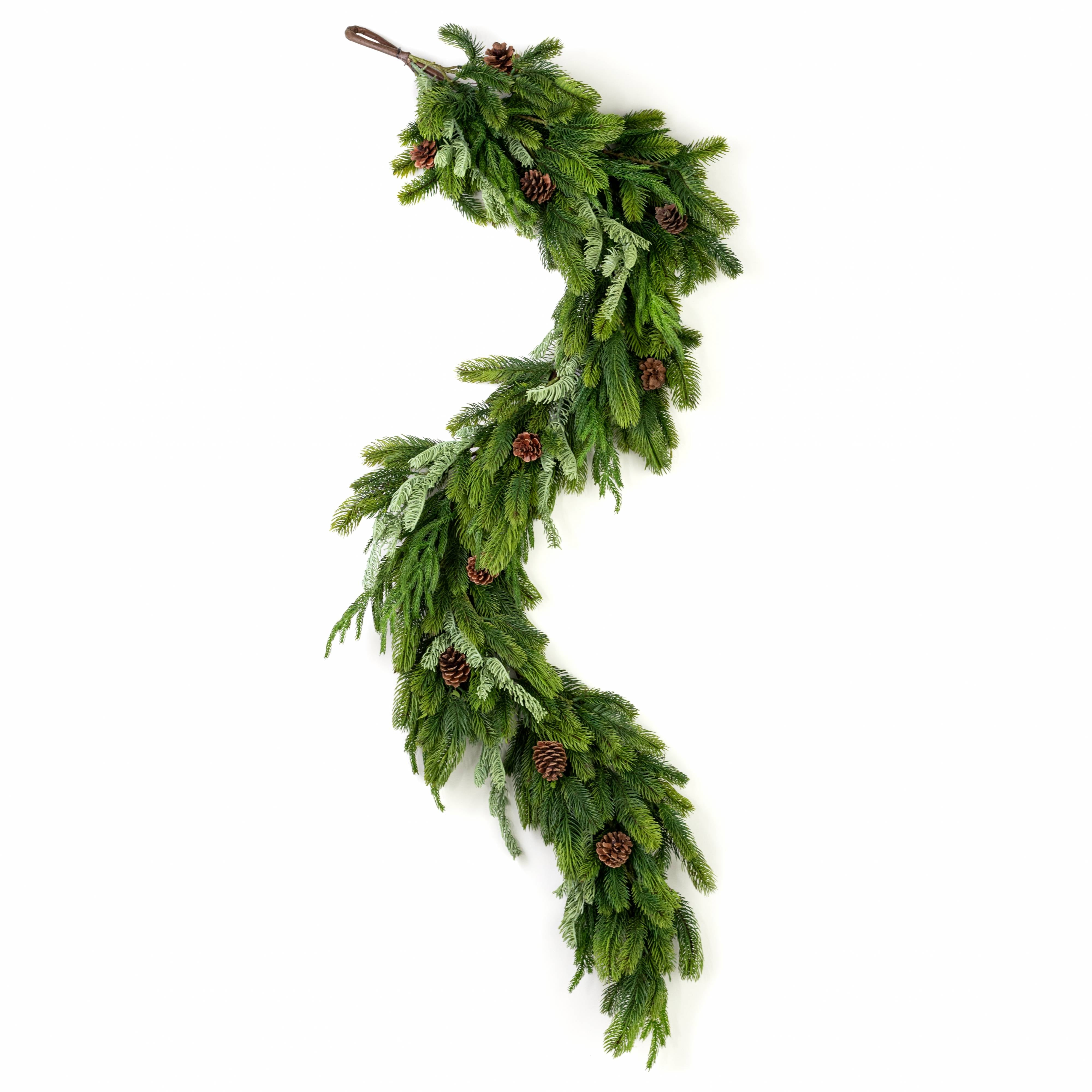 6' Deluxe Norfolk, Spruce & Juniper Cone Garland: Green detail photo 4