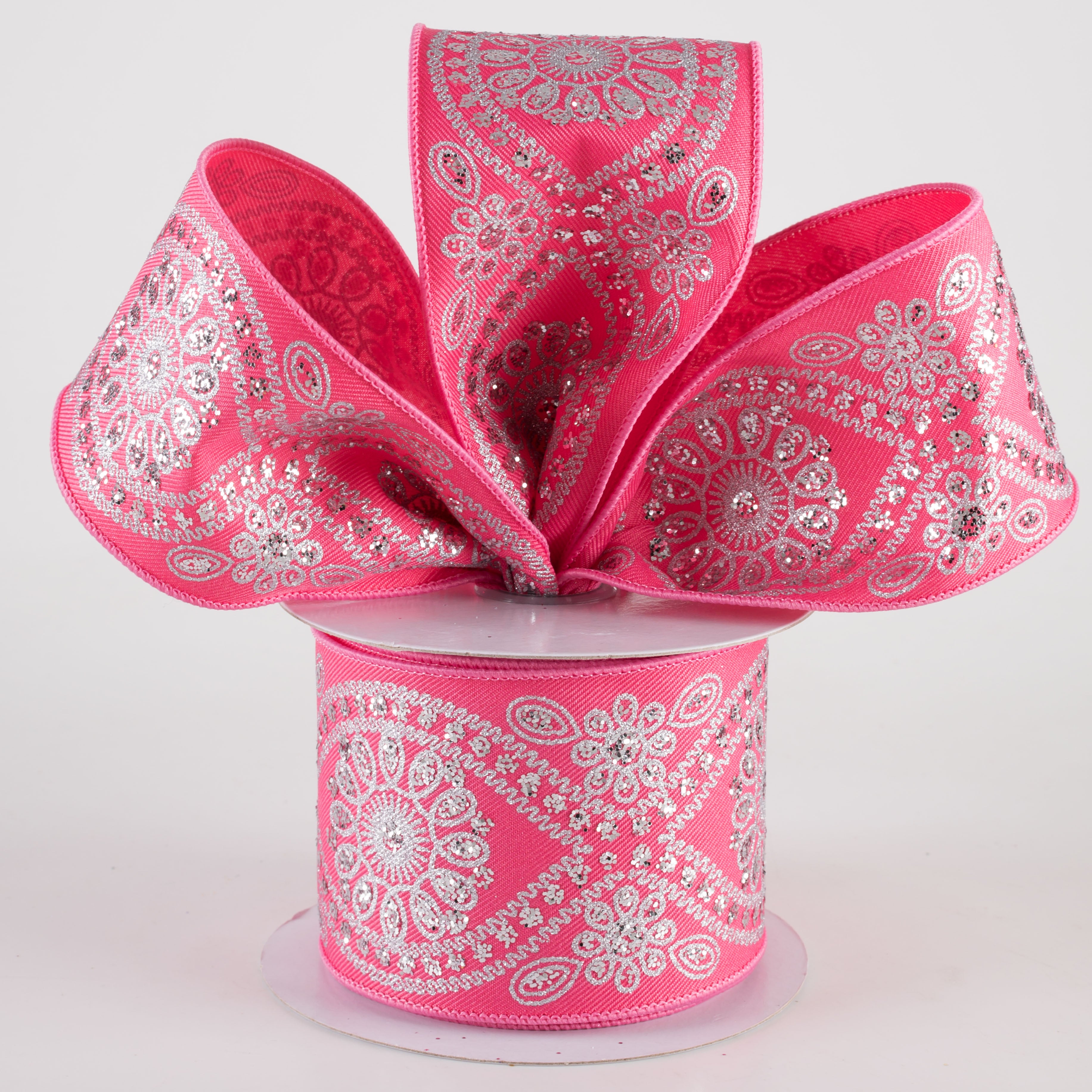 2.5" Deluxe Wavy Floral Ribbon: Hot Pink & Silver (10 Yards) Lifestyle Photo