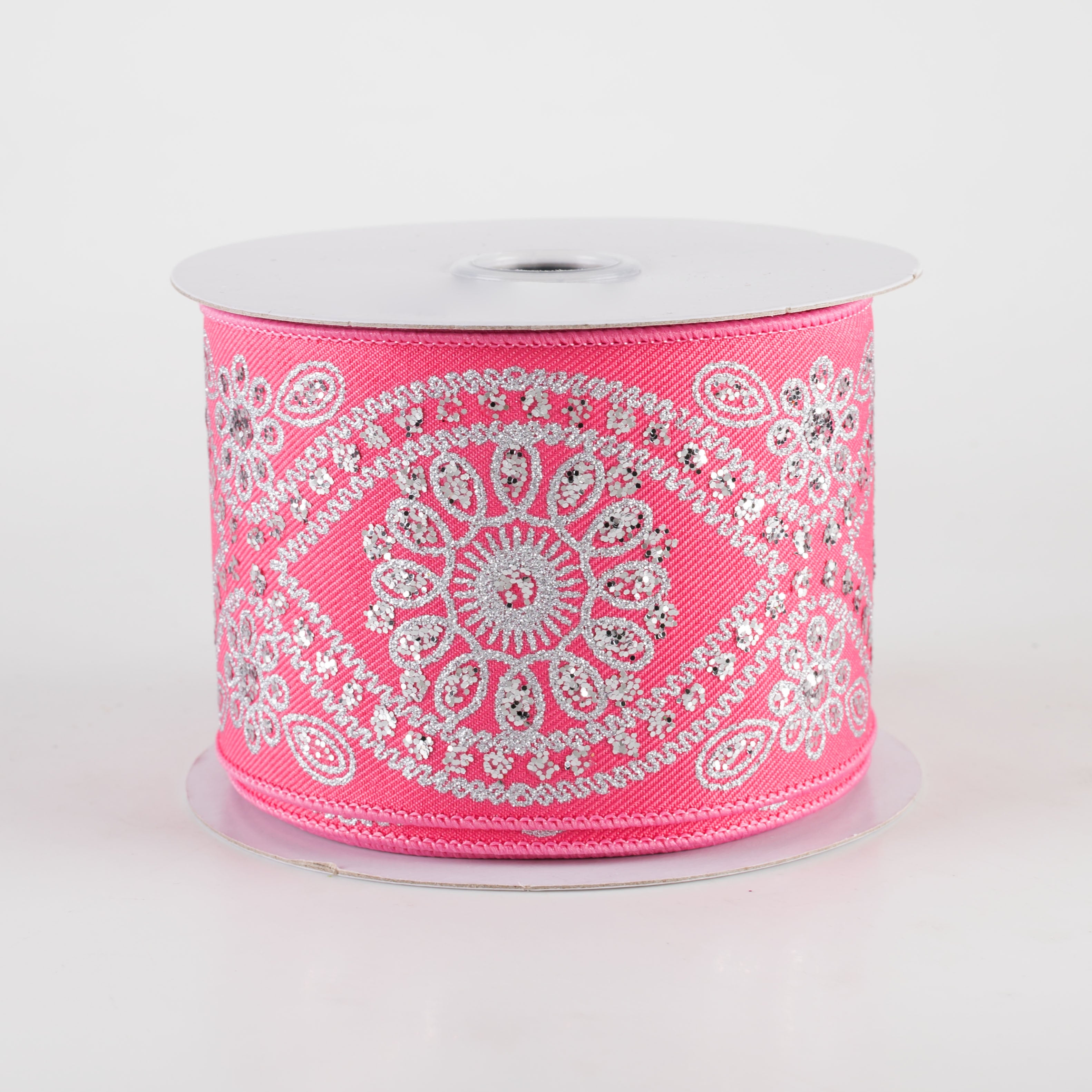 2.5" Deluxe Wavy Floral Ribbon: Hot Pink & Silver (10 Yards)