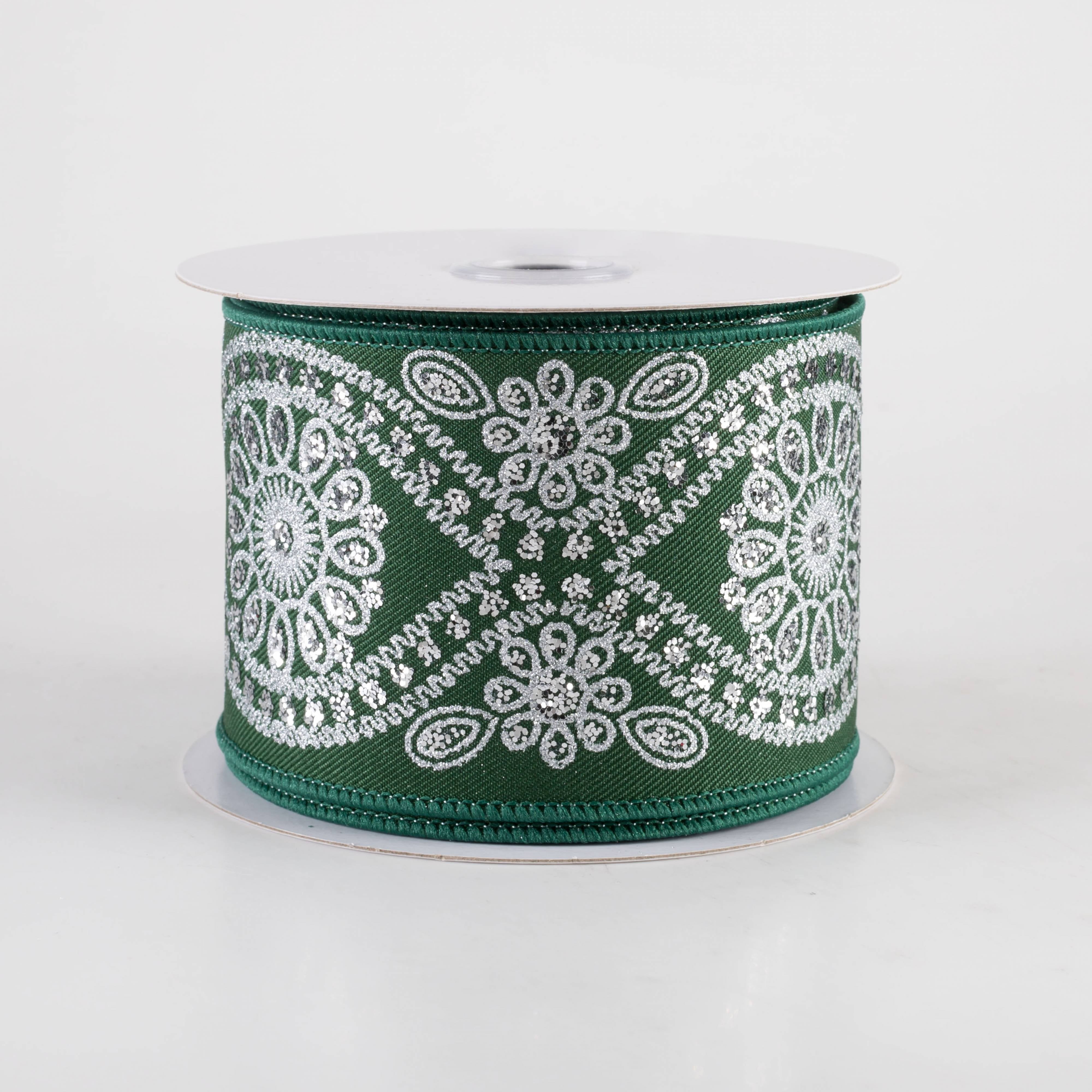 2.5" Deluxe Wavy Floral Ribbon: Hunter Green & Silver (10 Yards) Item Number: RGE196212