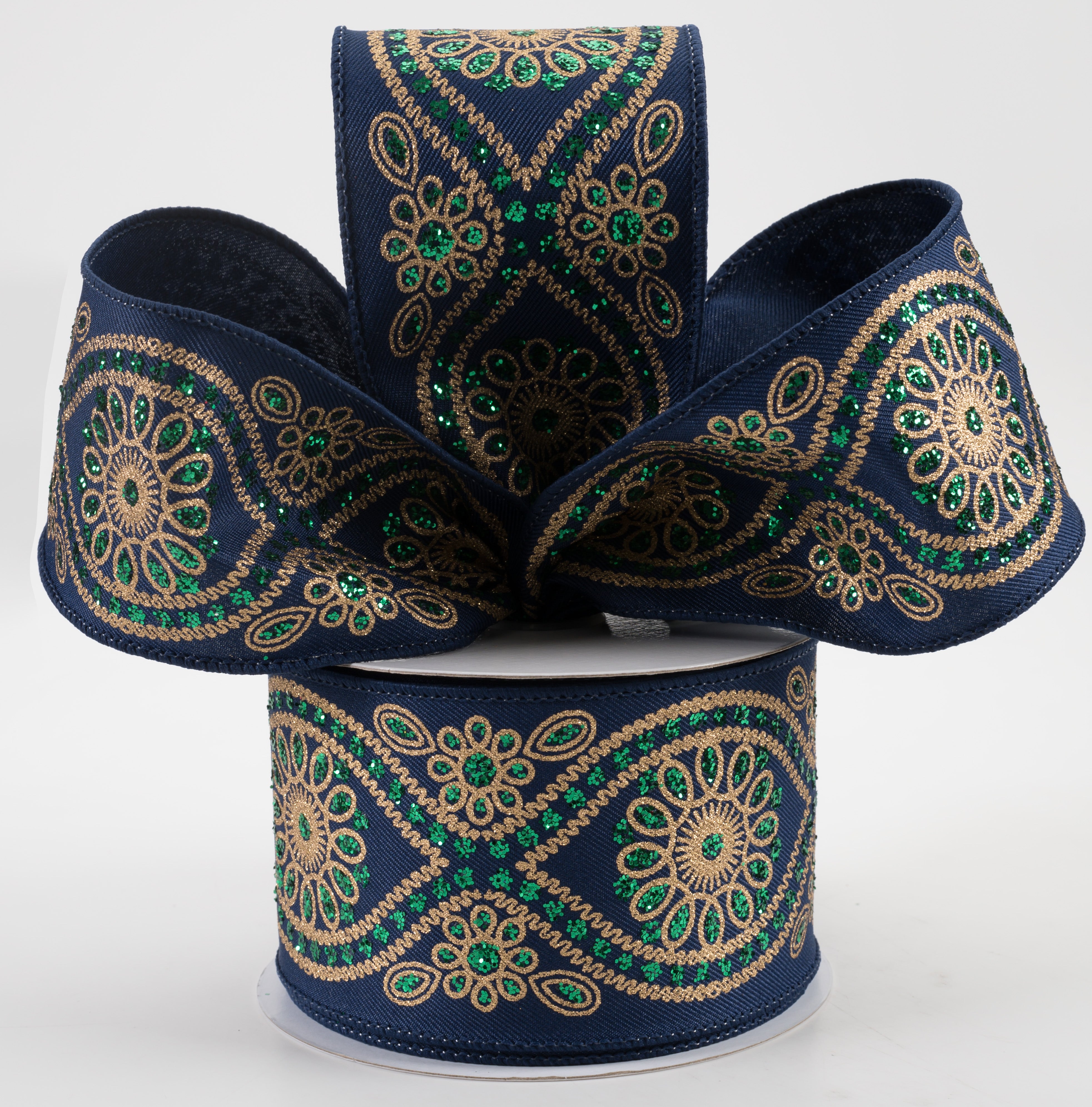 2.5" Deluxe Wavy Floral Ribbon: Navy, Gold, Emerald (10 Yards) Lifestyle Photo