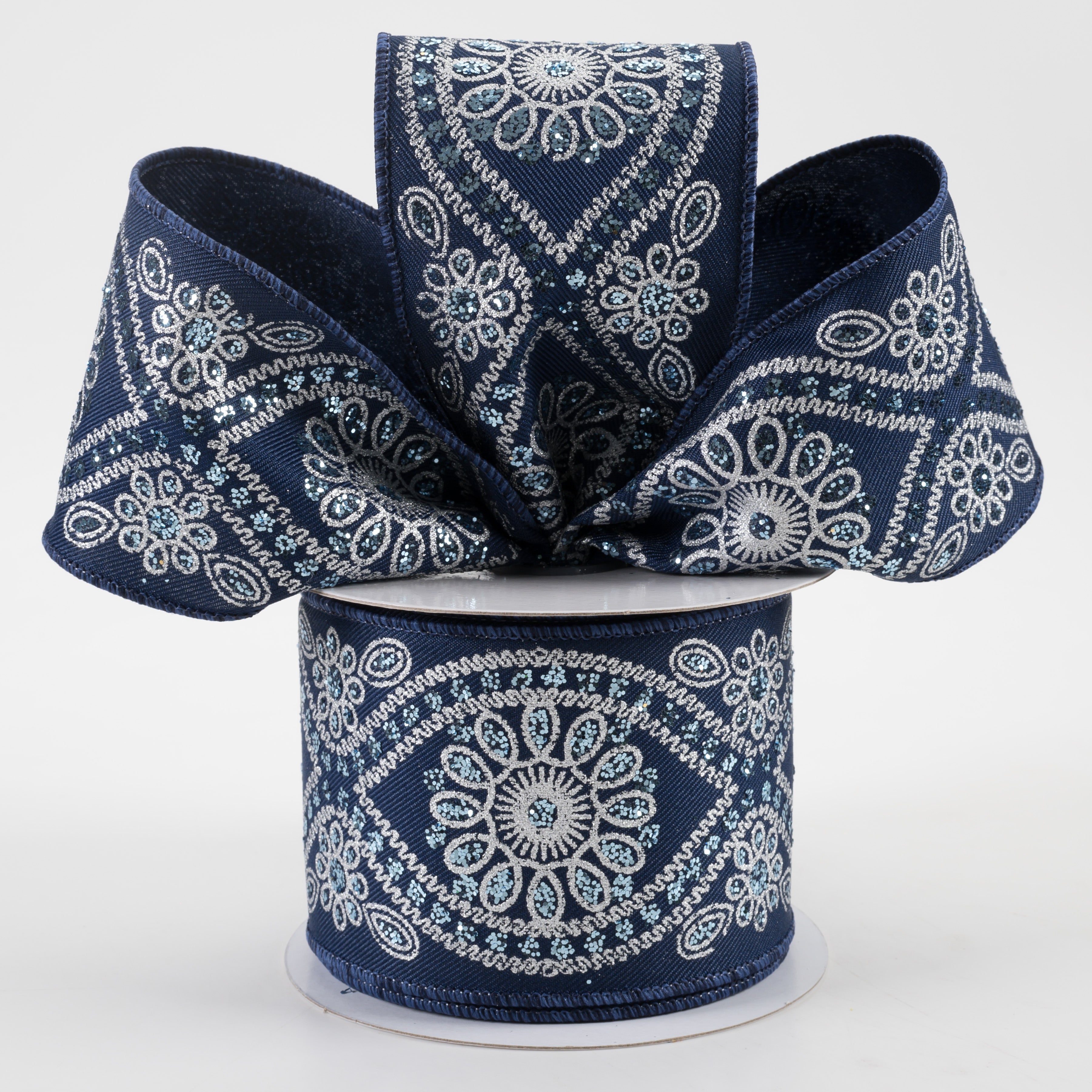2.5" Deluxe Wavy Floral Ribbon: Navy, Silver, Light Blue (10 Yards) Lifestyle Photo