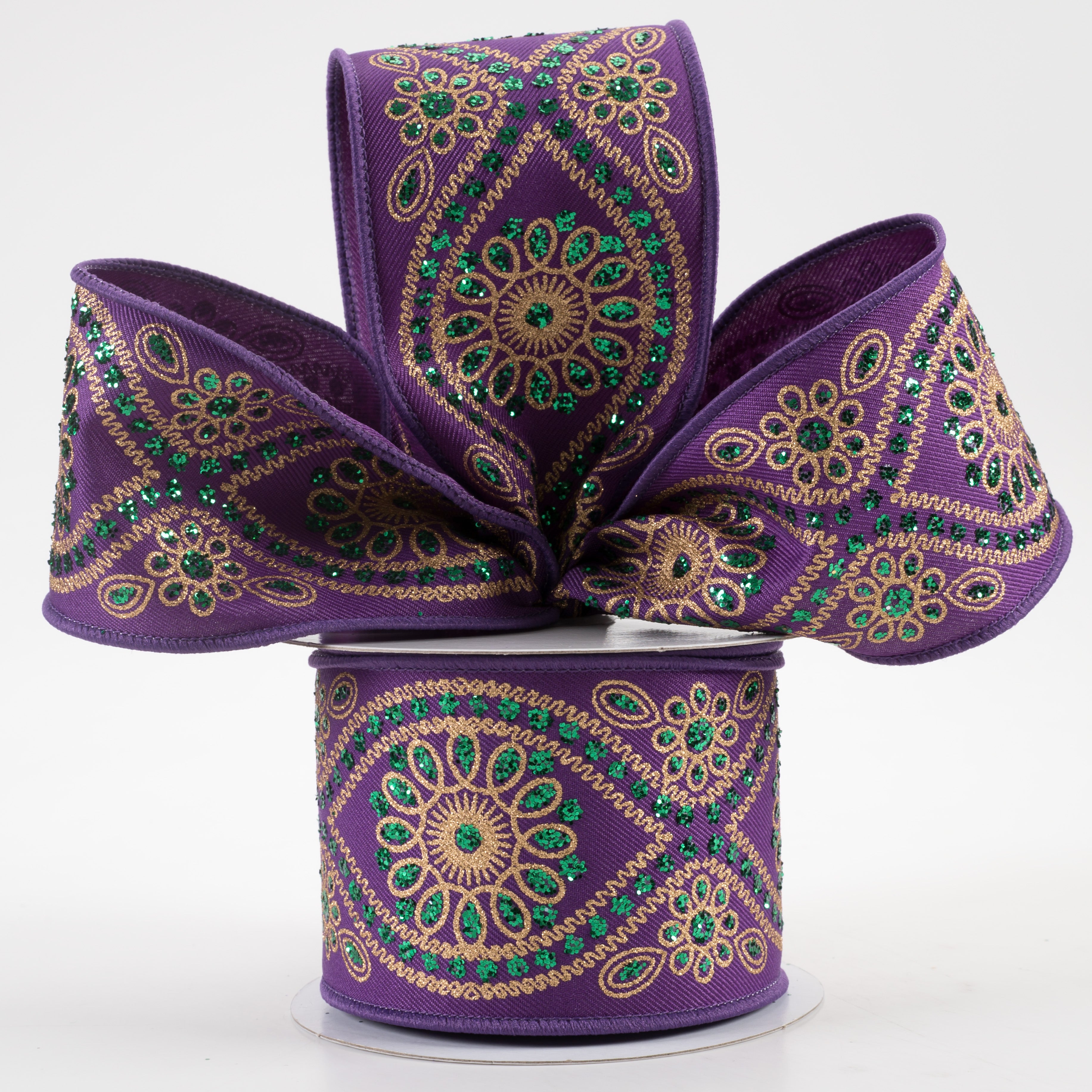 2.5" Deluxe Wavy Floral Ribbon: Purple Mardi Gras (10 Yards) Lifestyle Photo