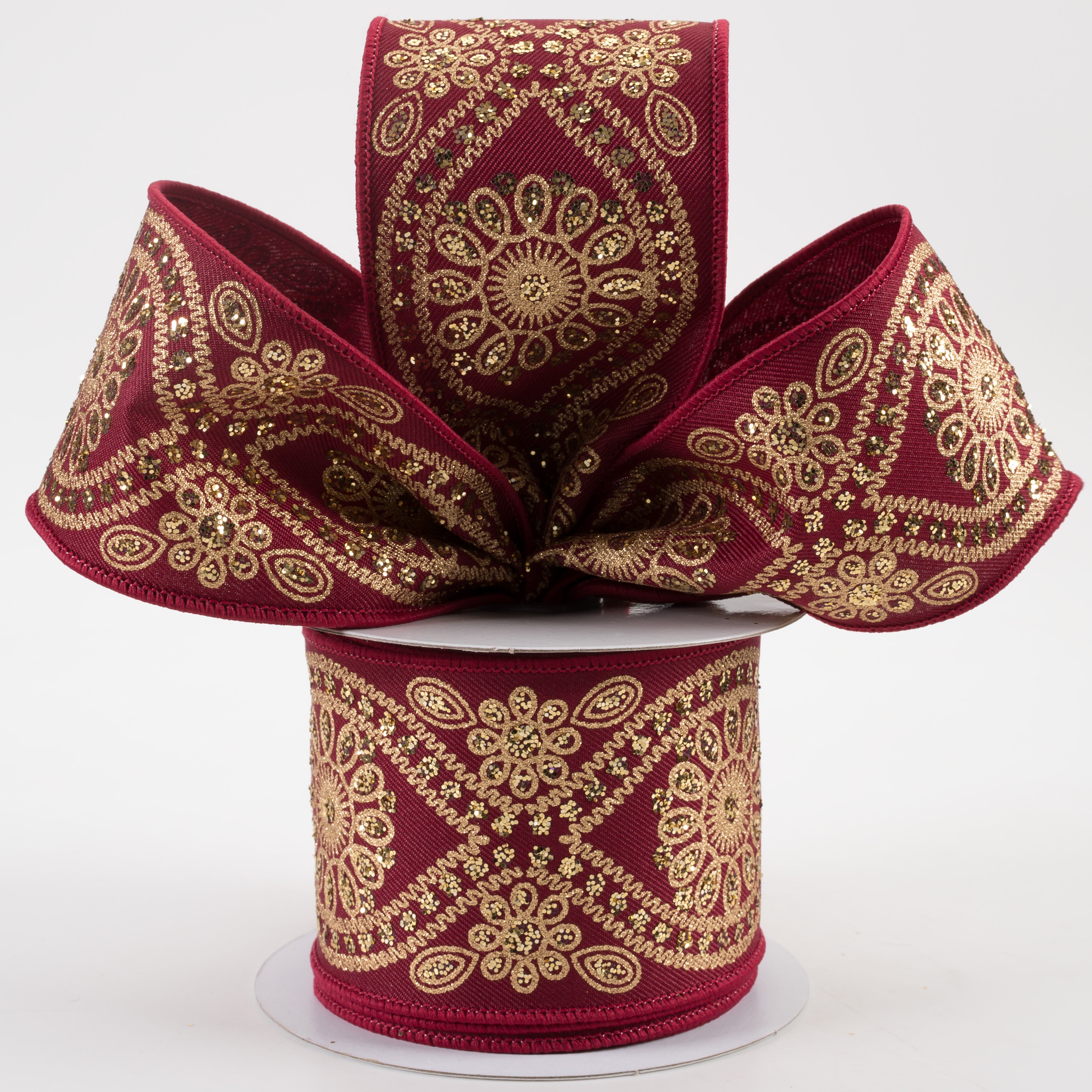 2.5" Deluxe Wavy Floral Ribbon: Wine & Gold (10 Yards) Lifestyle Photo