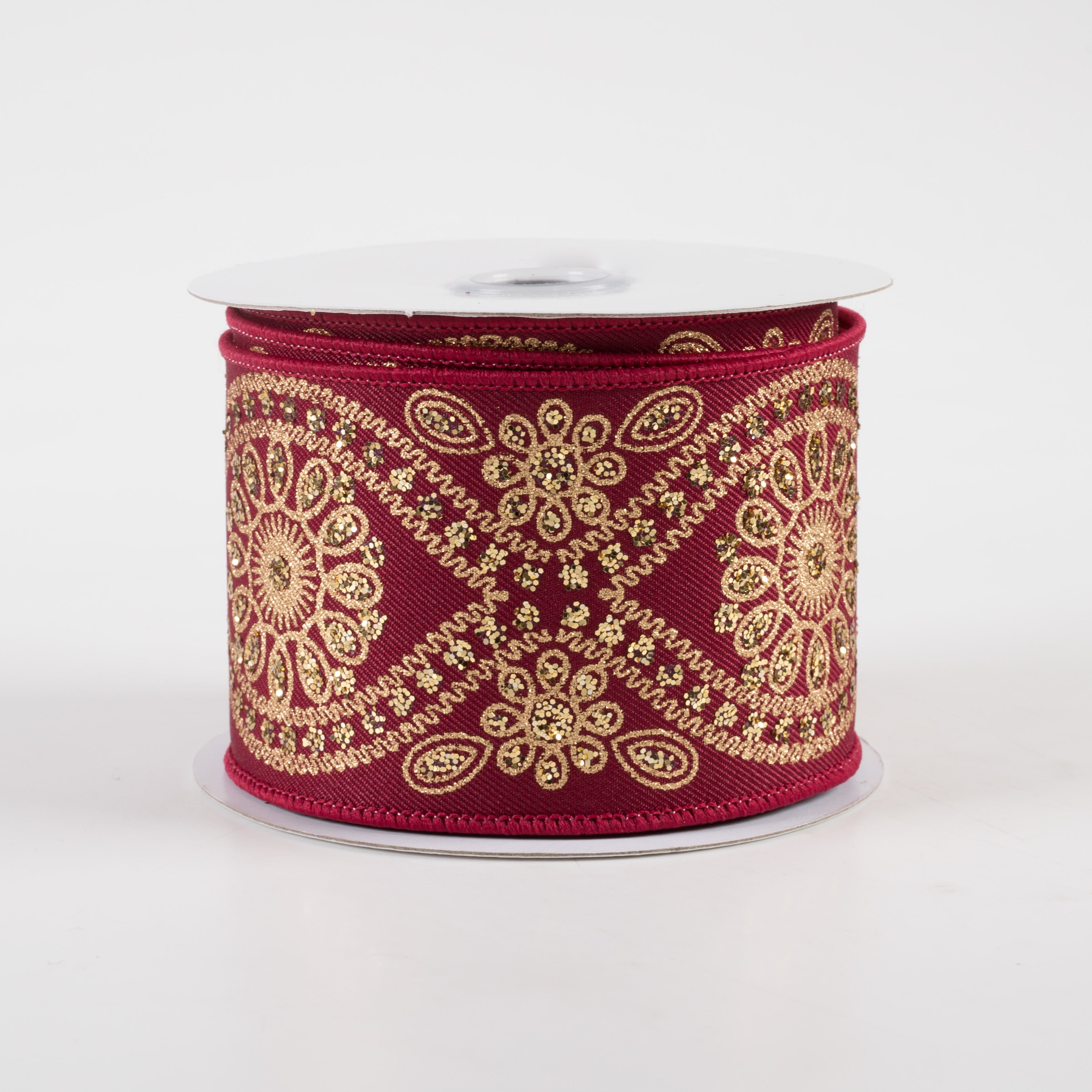 2.5" Deluxe Wavy Floral Ribbon: Wine & Gold (10 Yards)