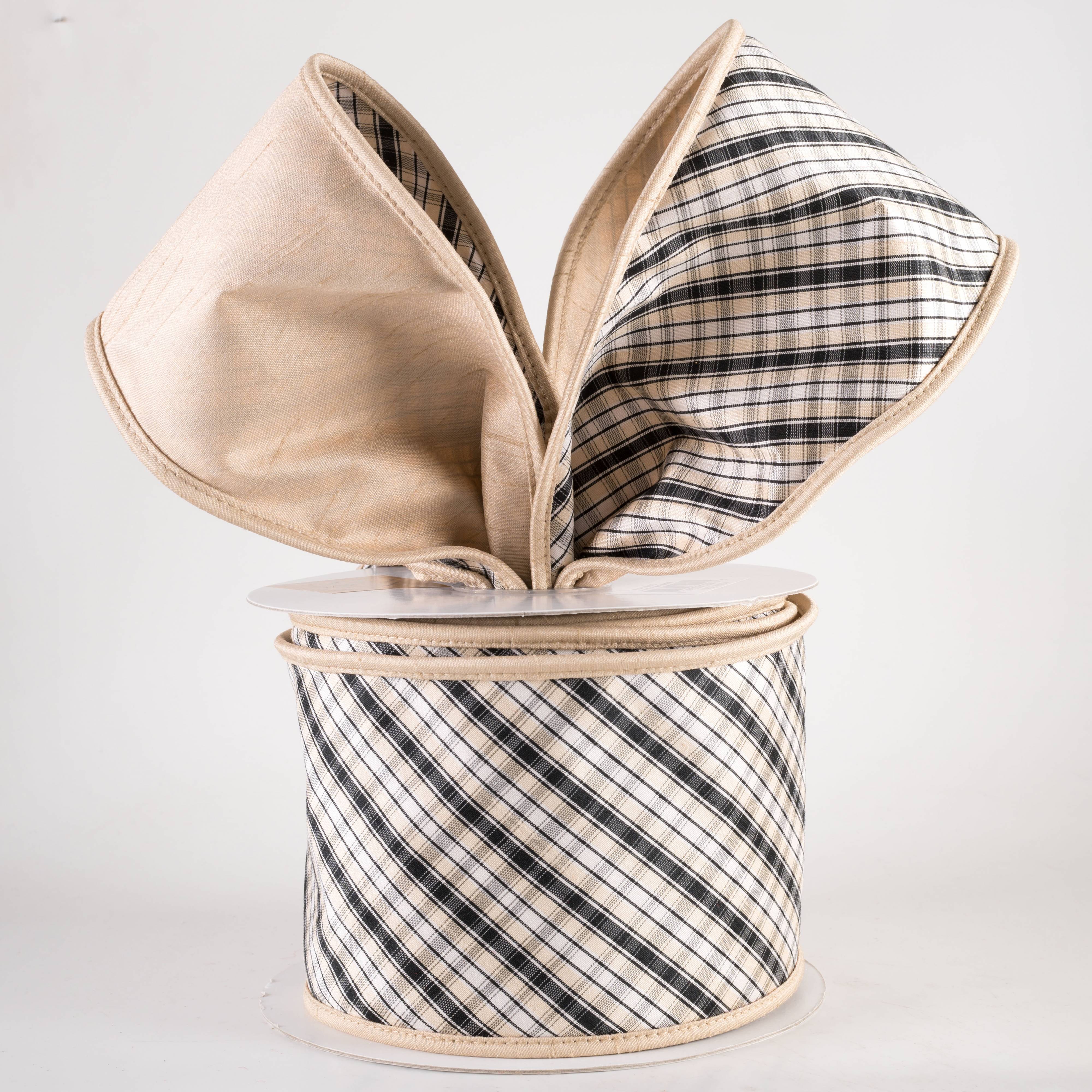 4" Designer Double Sided Plaid Ribbon: Black, White & Natural (10 Yards) Lifestyle Photo