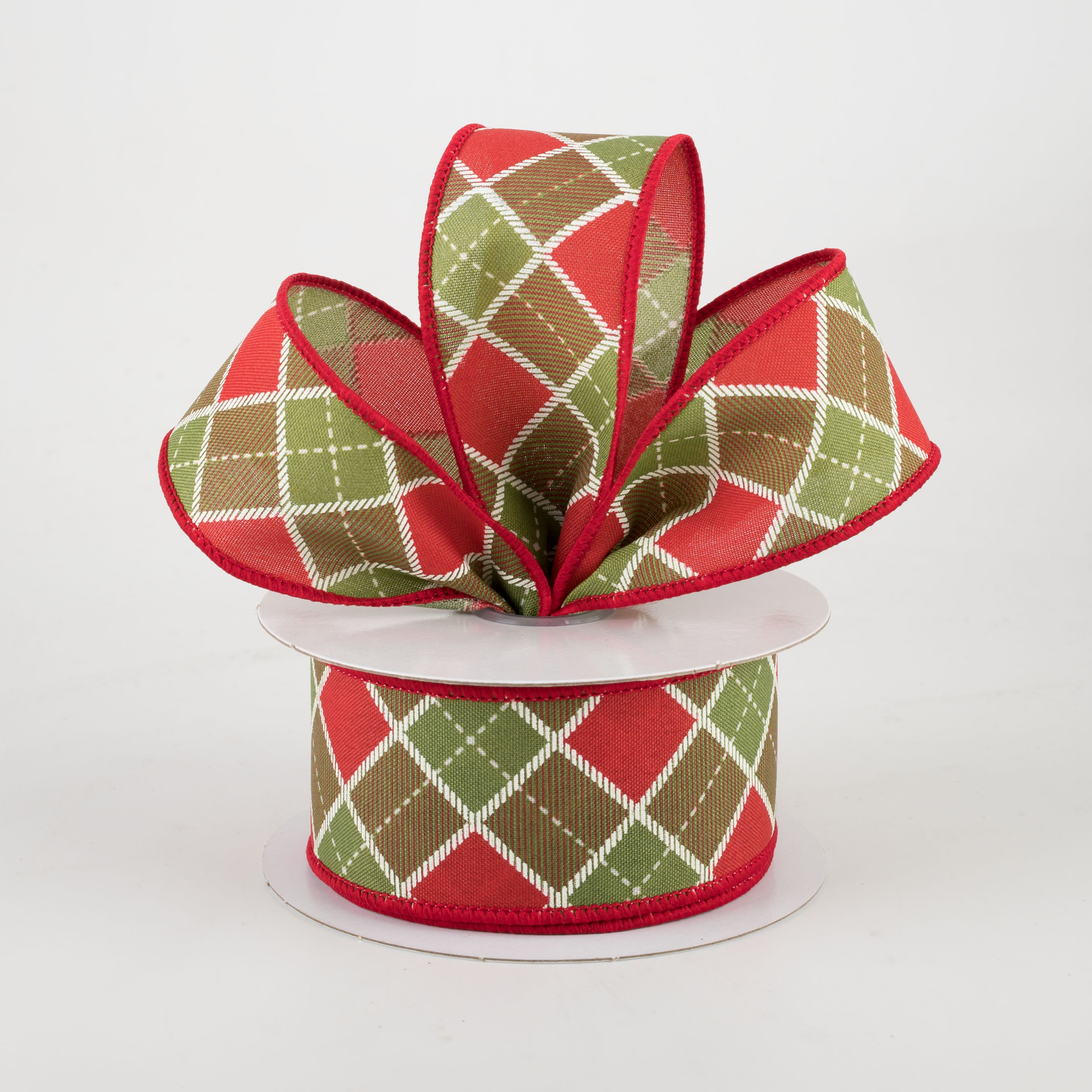 1.5" Diagonal Bonnie Check Ribbon: Moss & Red (10 Yards) Lifestyle Photo